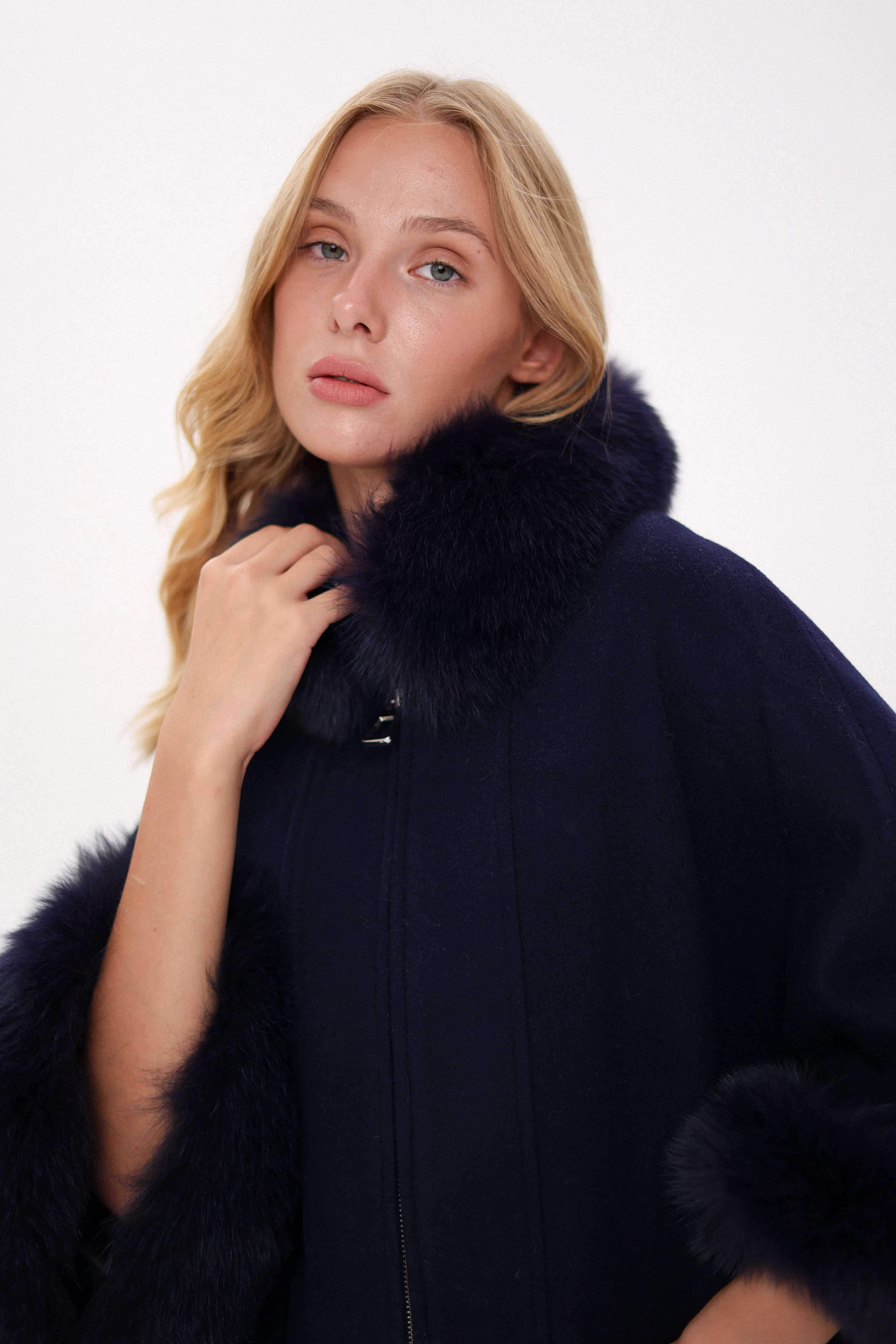 Genuine Polar Fox Fur Cashmere Blend Poncho in True Navy