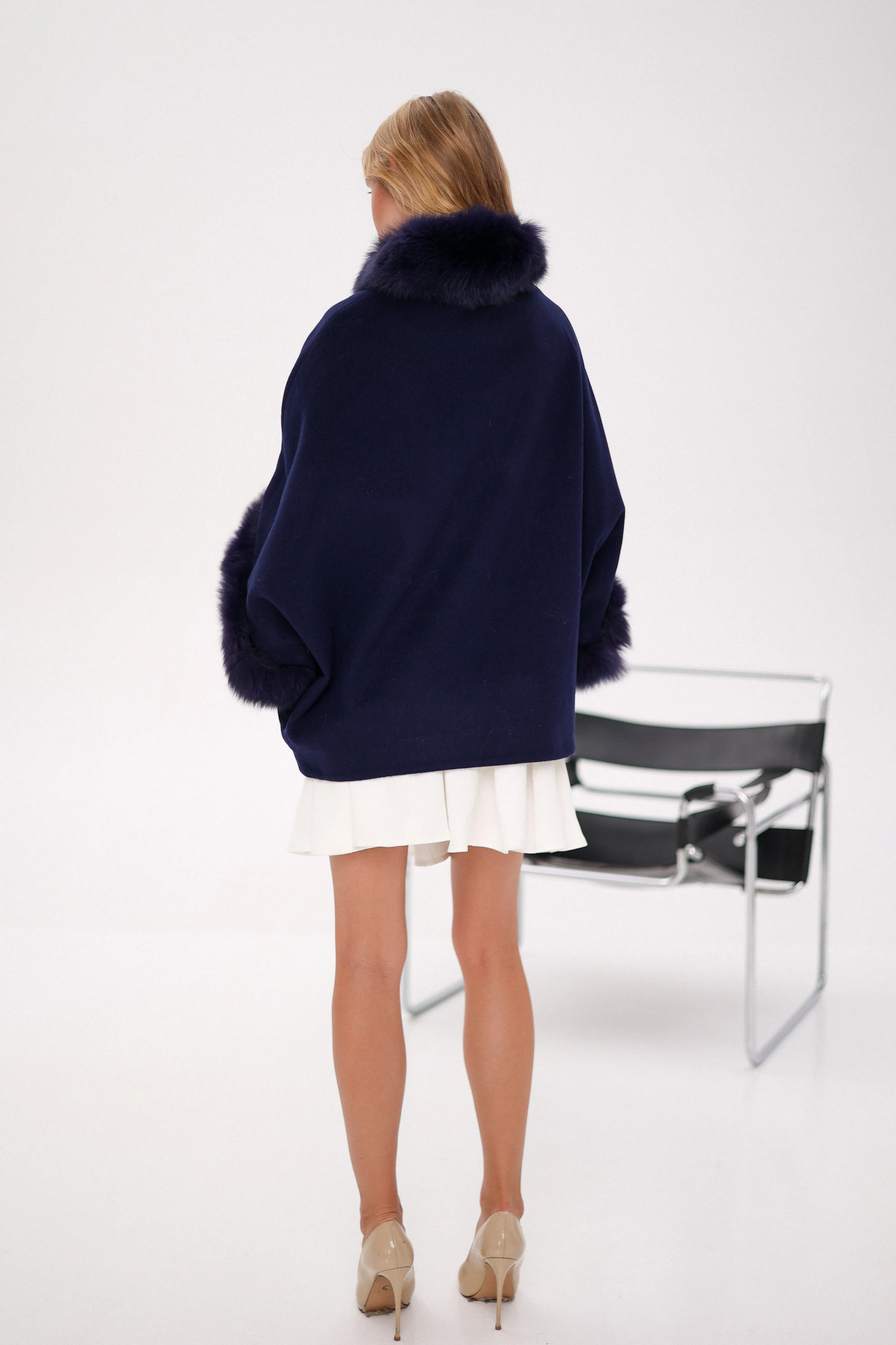 Genuine Polar Fox Fur Cashmere Blend Poncho in True Navy