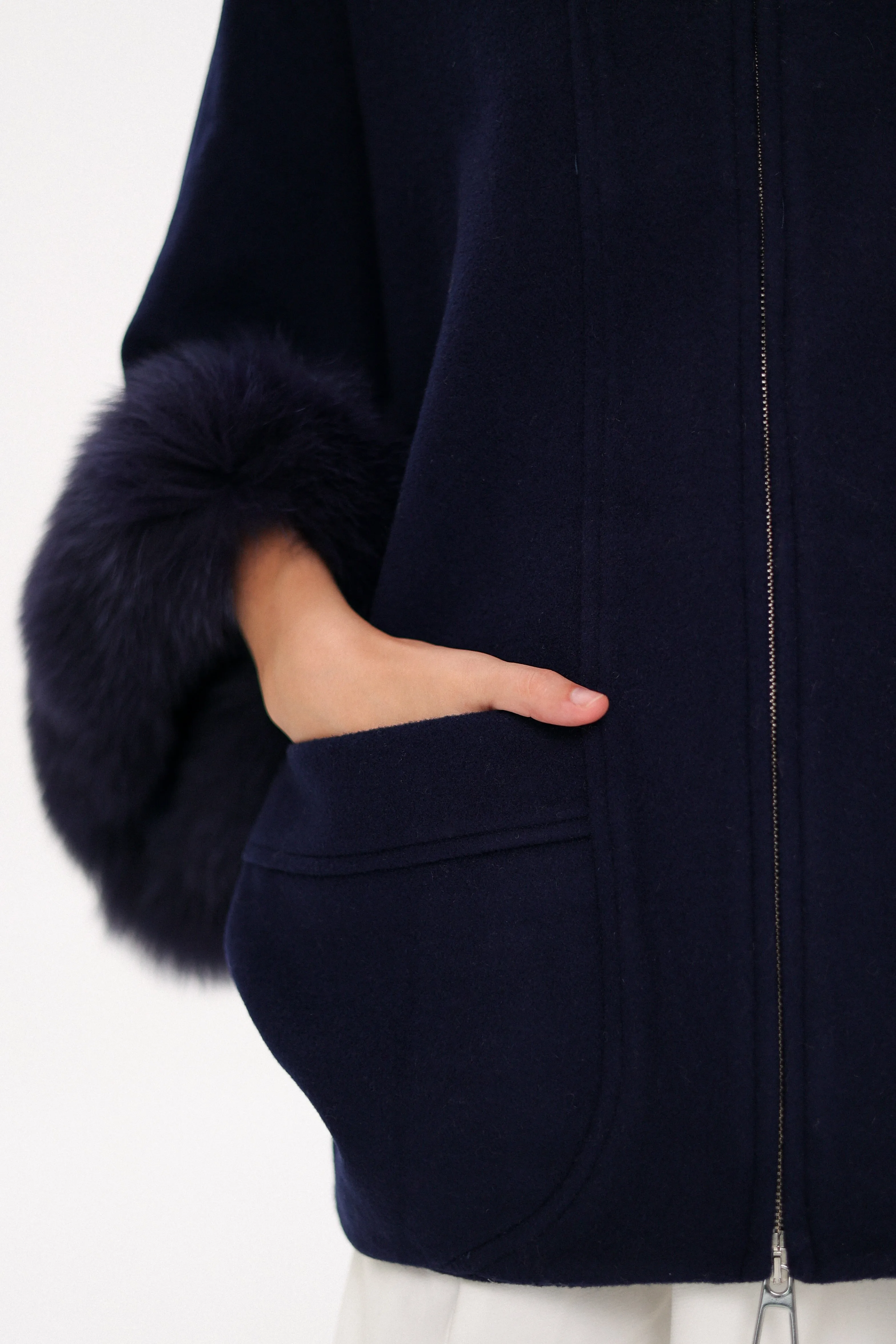 Genuine Polar Fox Fur Cashmere Blend Poncho in True Navy