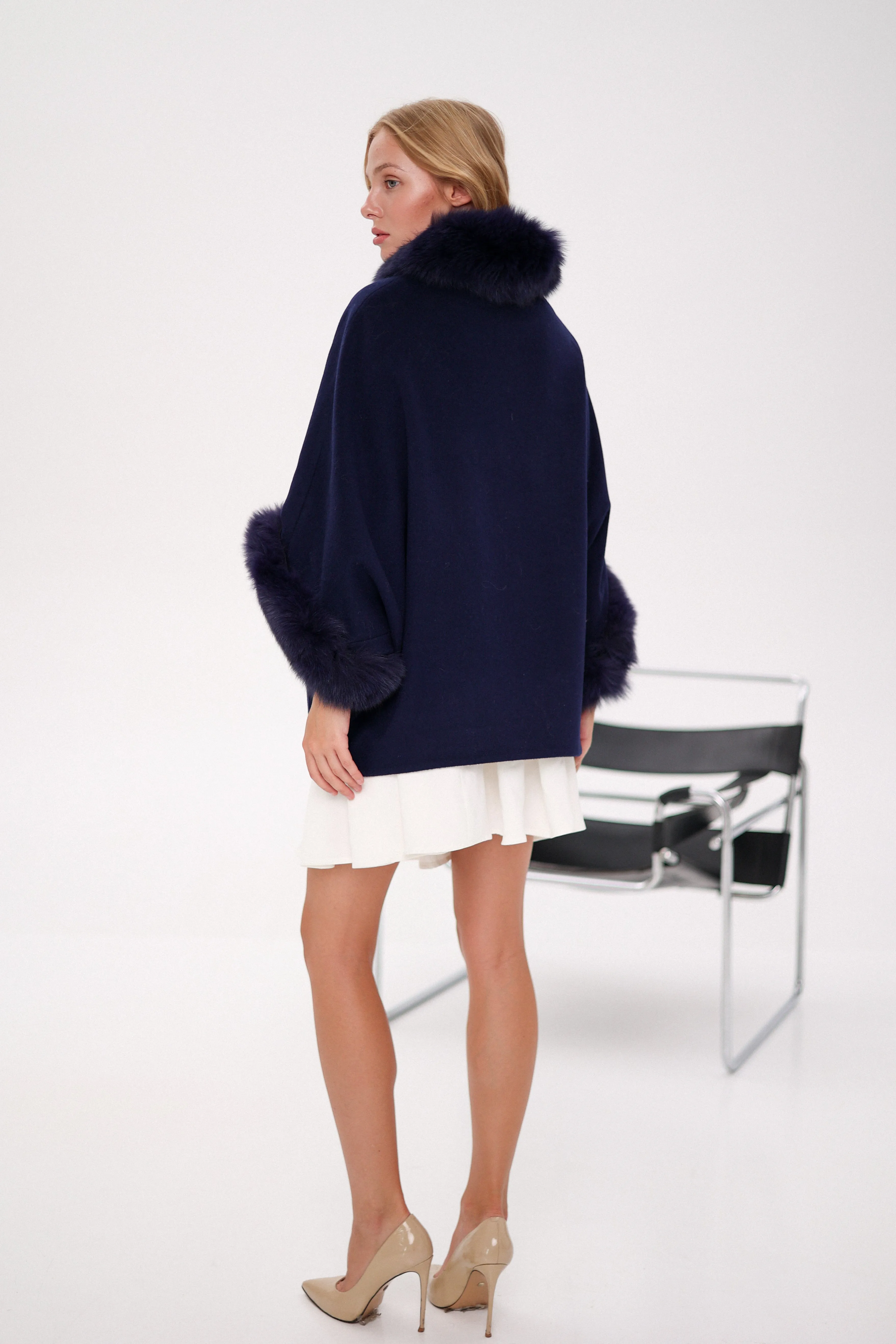 Genuine Polar Fox Fur Cashmere Blend Poncho in True Navy