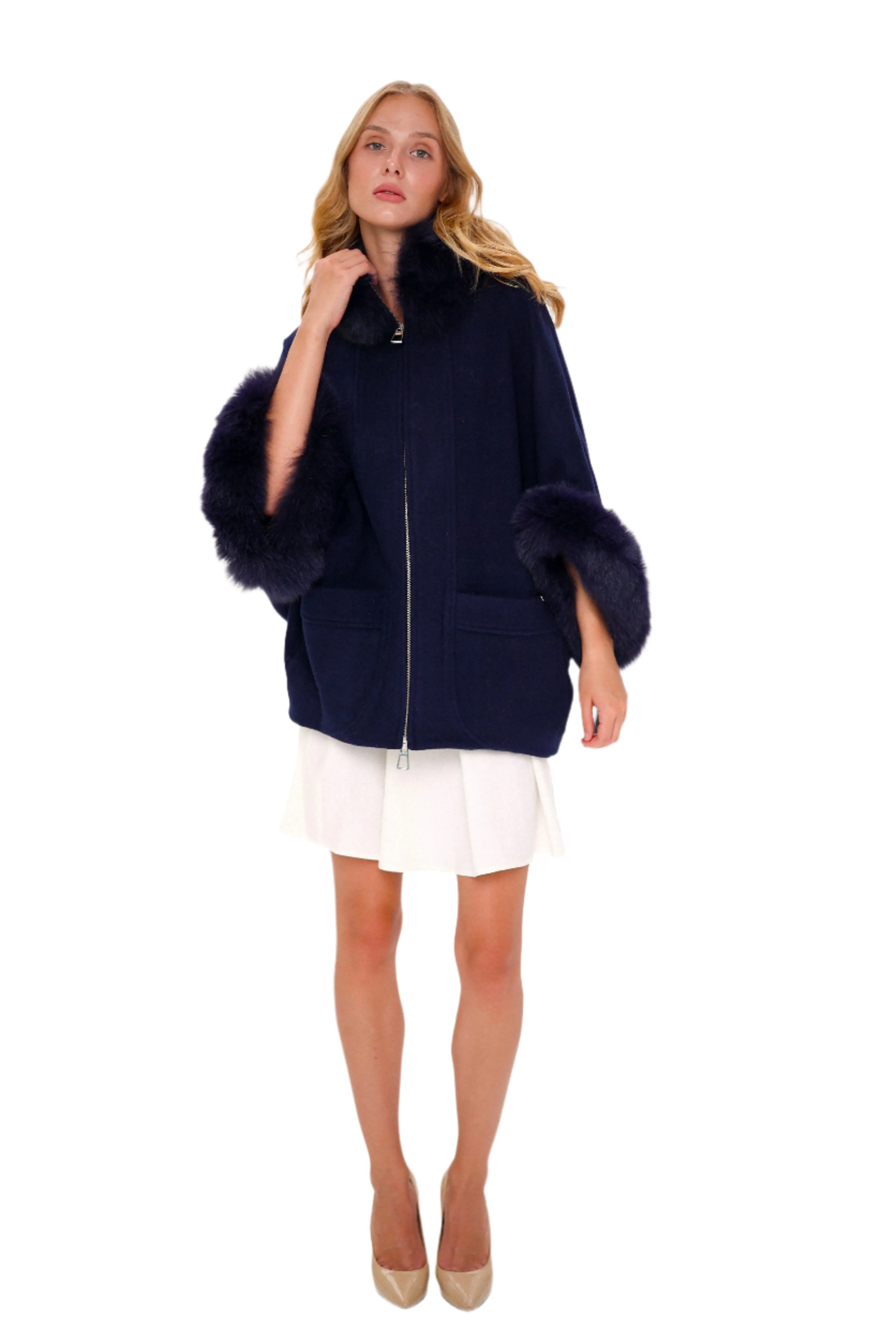 Genuine Polar Fox Fur Cashmere Blend Poncho in True Navy