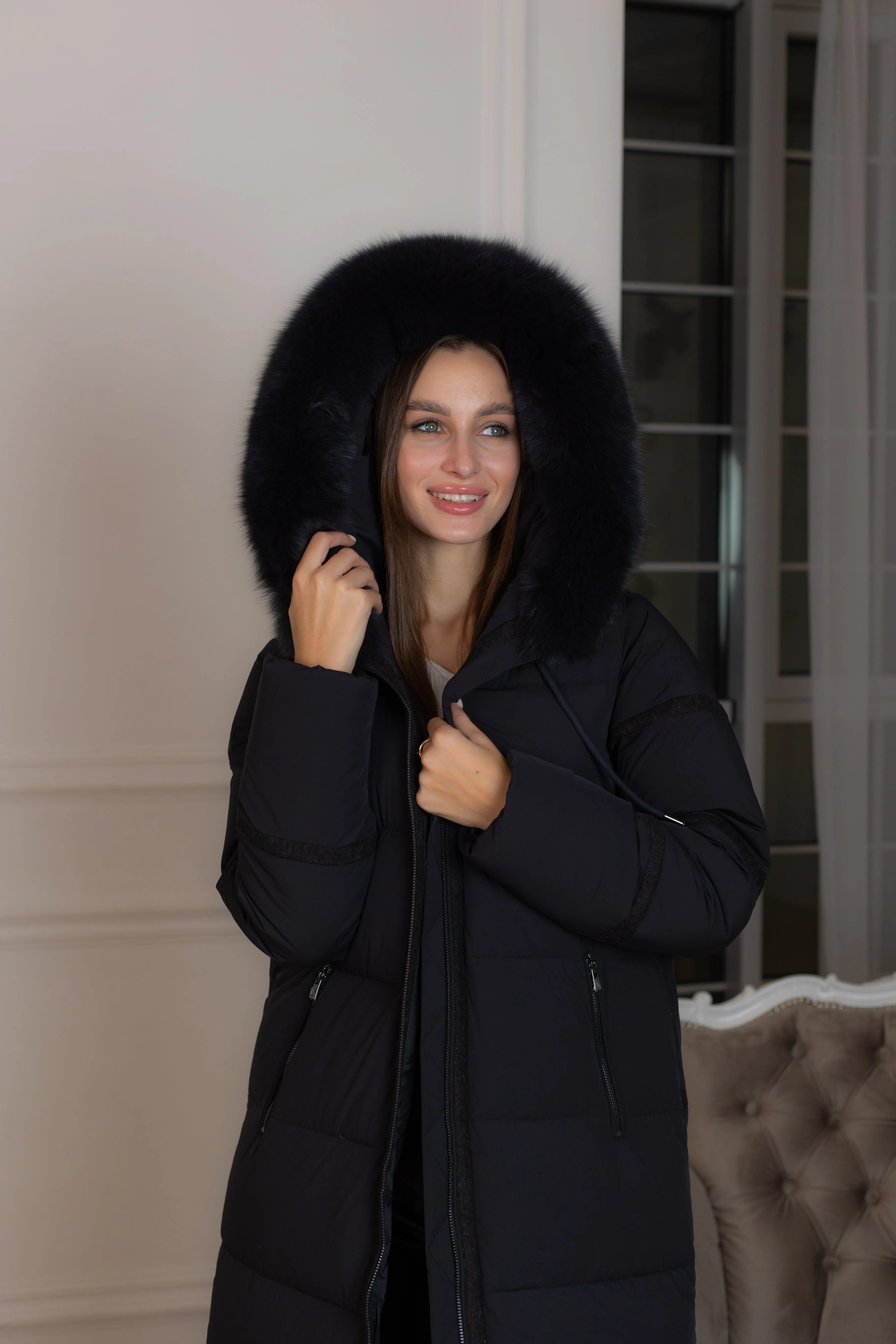 Genuine Polar Fox Fur Down Fill Wool Trim Coat