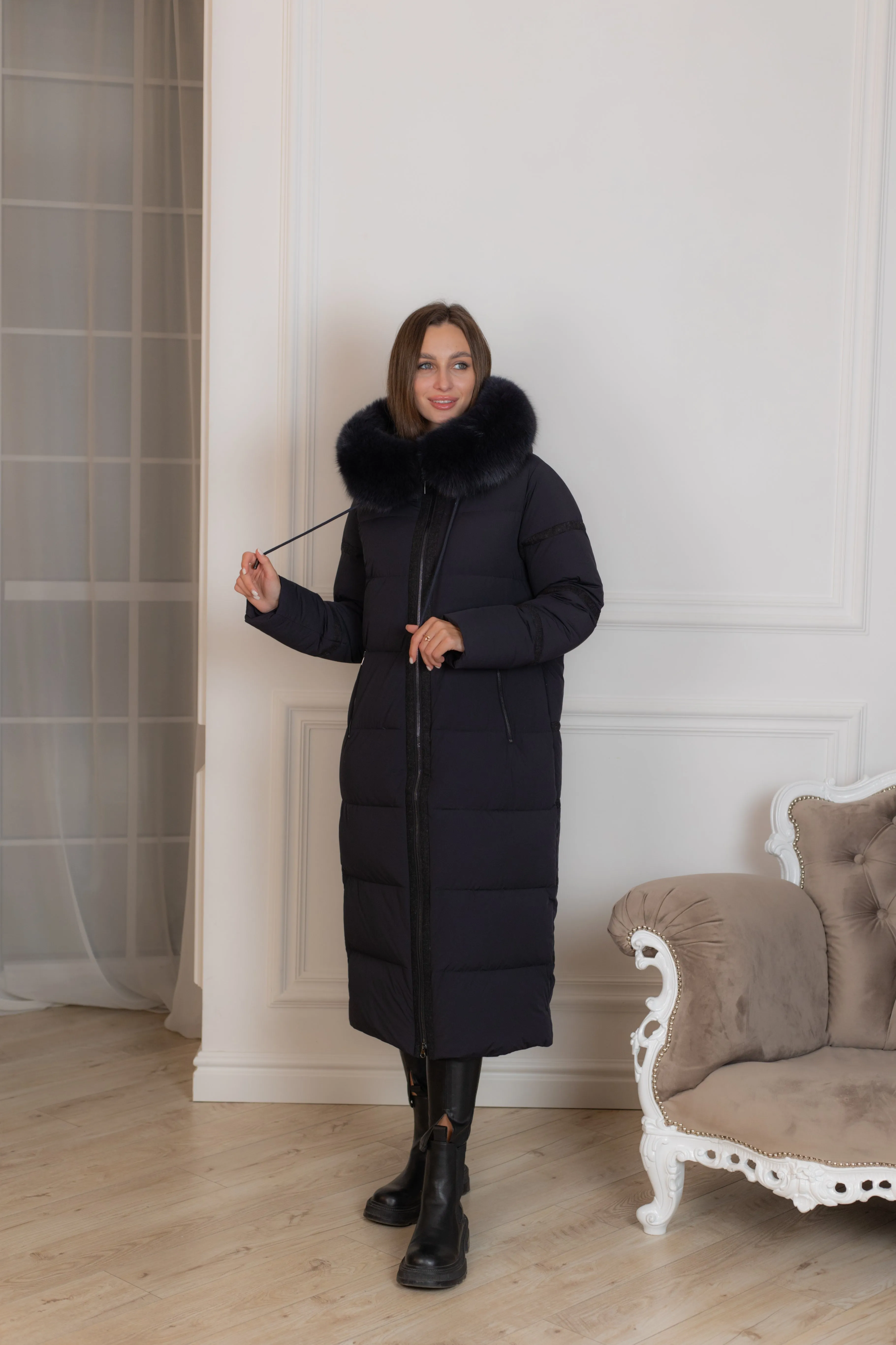 Genuine Polar Fox Fur Down Fill Wool Trim Coat