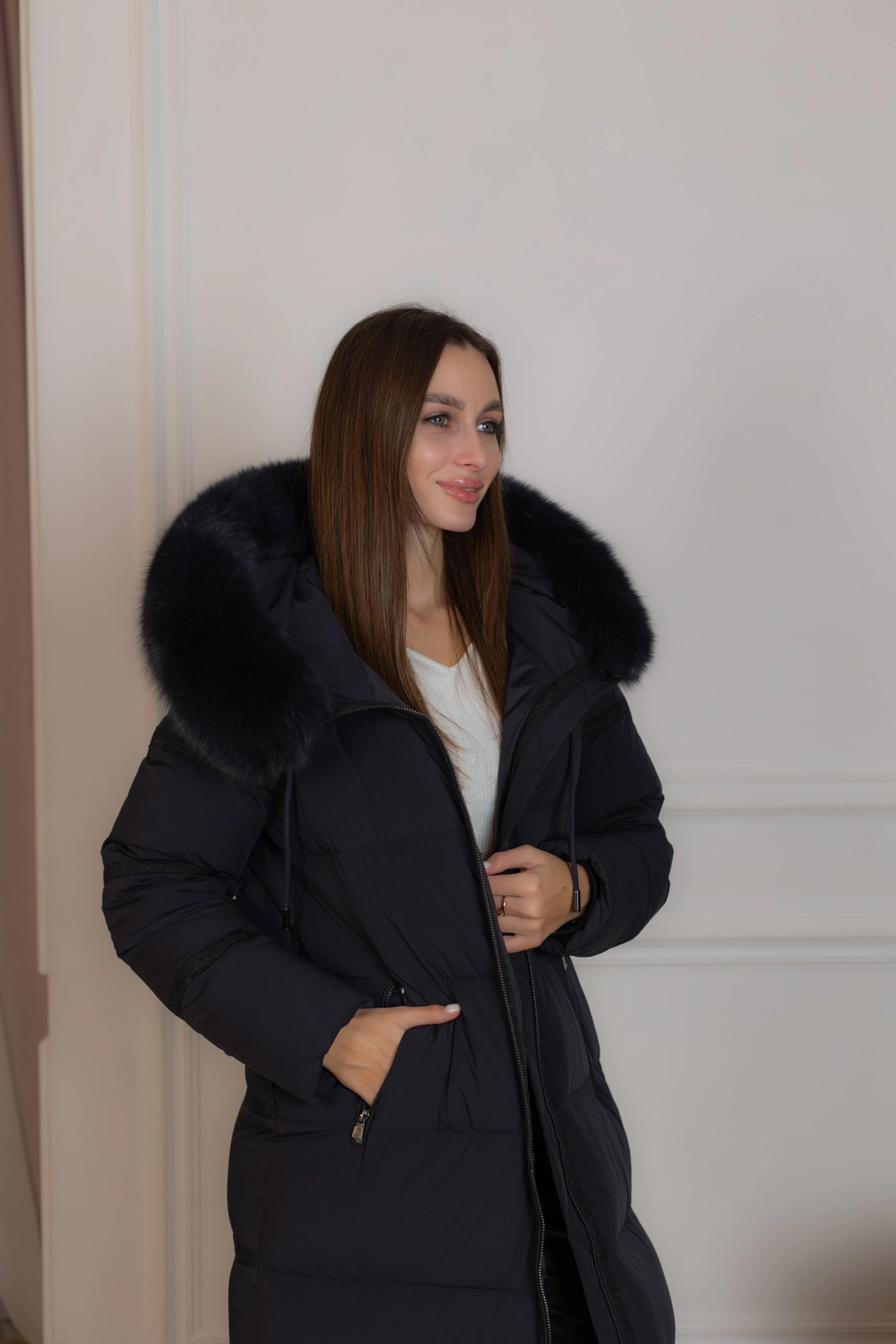 Genuine Polar Fox Fur Down Fill Wool Trim Coat