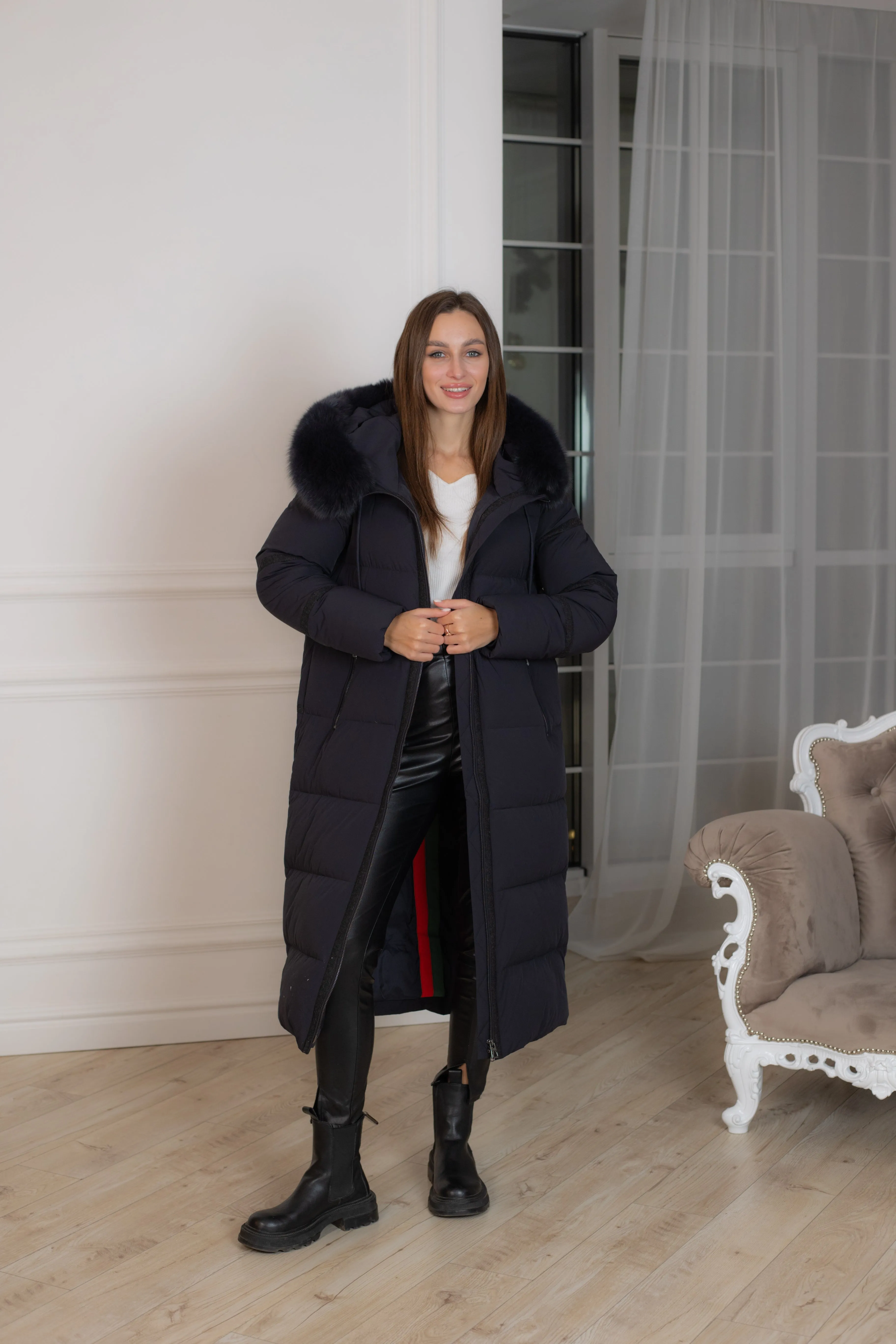 Genuine Polar Fox Fur Down Fill Wool Trim Coat