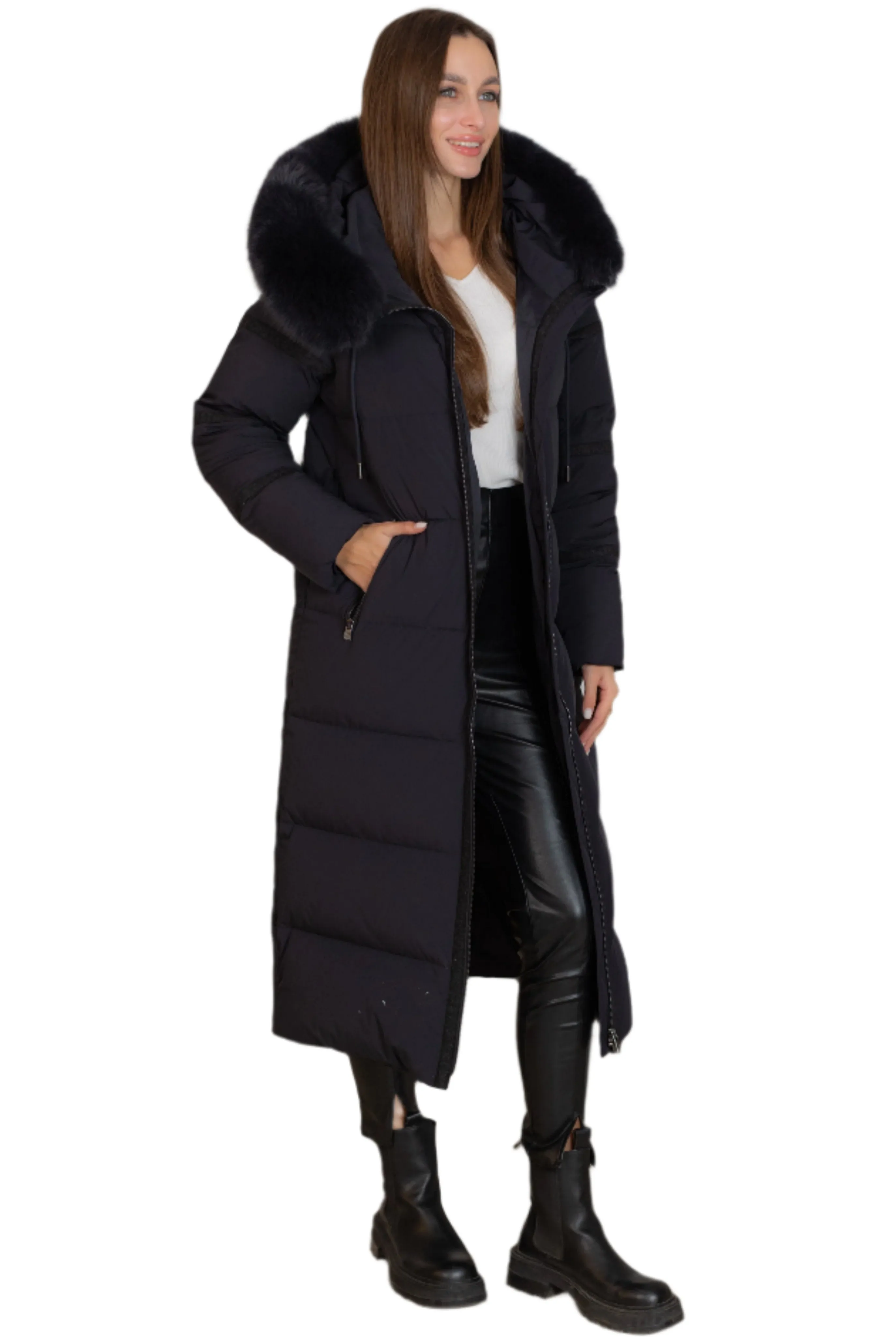 Genuine Polar Fox Fur Down Fill Wool Trim Coat