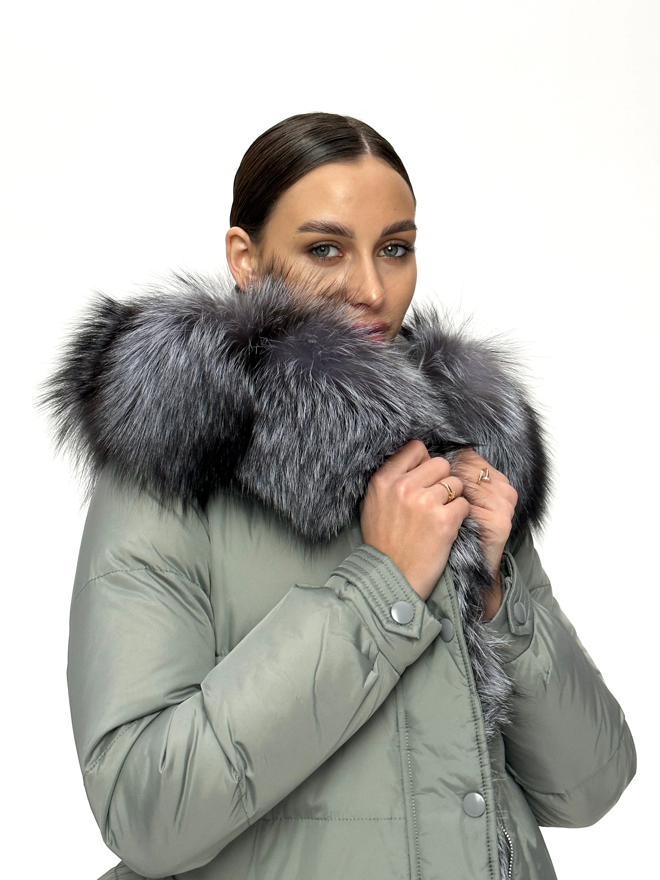 Genuine Silver Fox Down Belted Puffer Parka