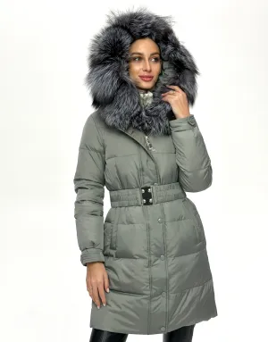 Genuine Silver Fox Down Belted Puffer Parka