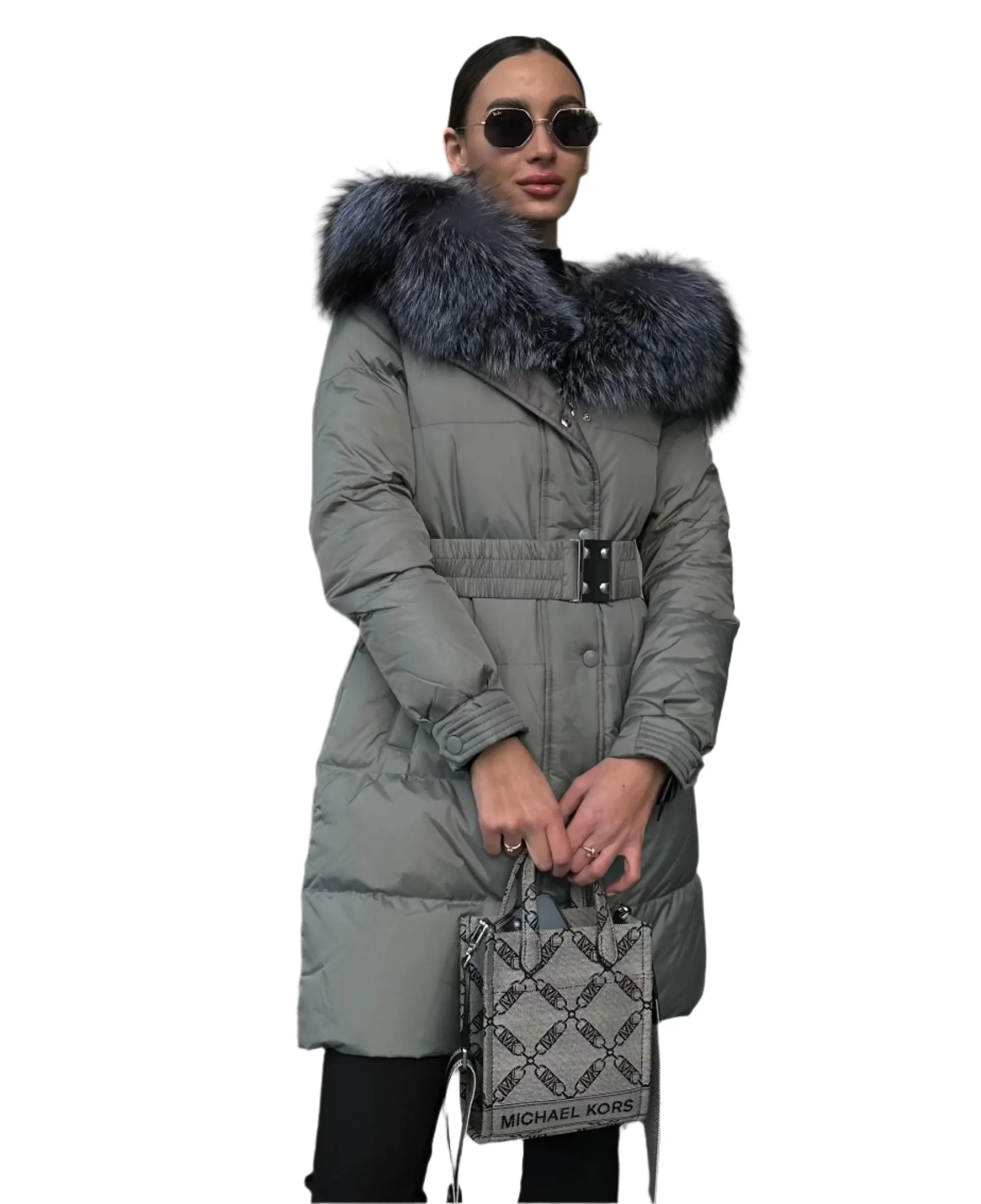 Genuine Silver Fox Down Belted Puffer Parka