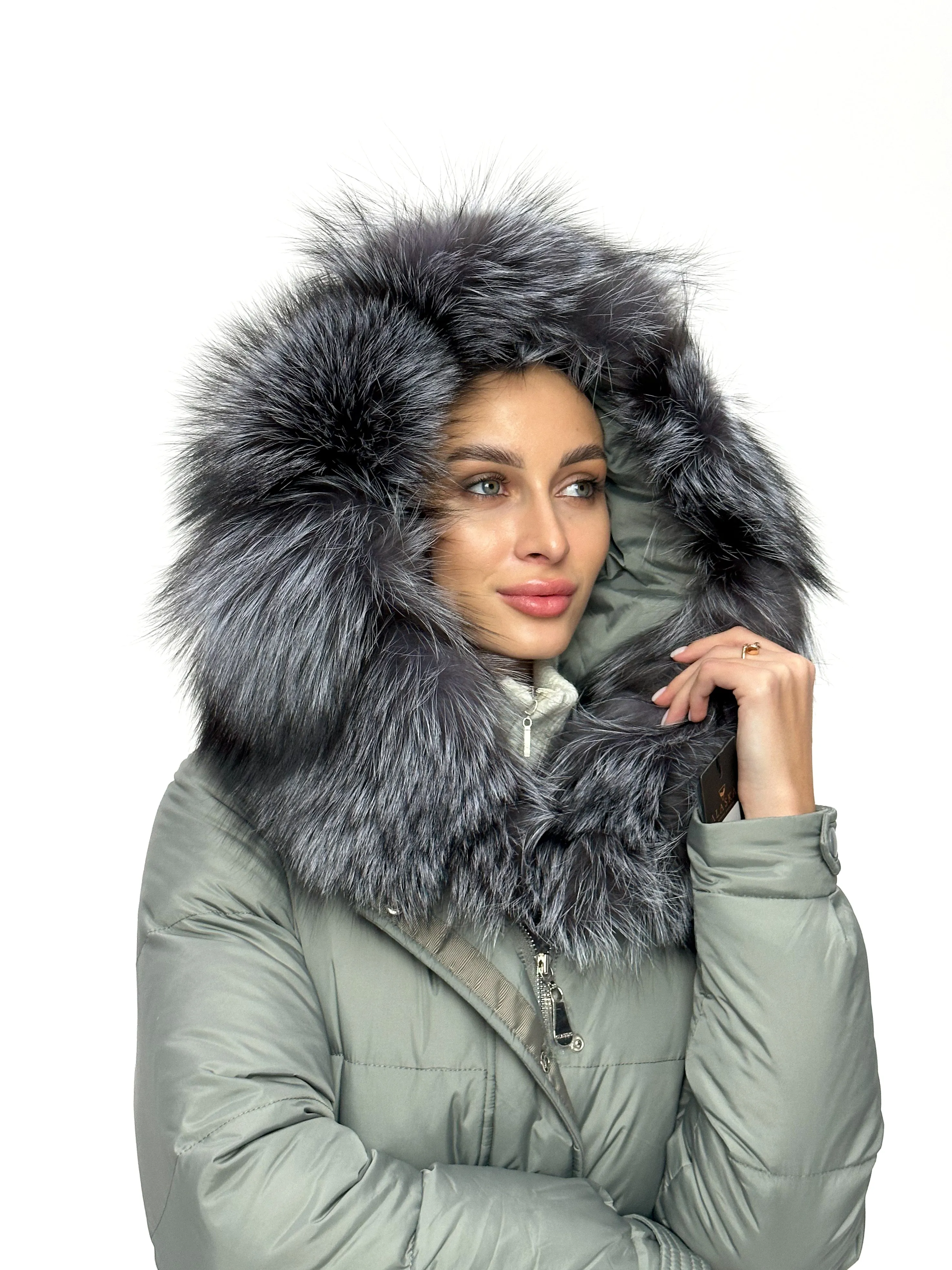 Genuine Silver Fox Down Belted Puffer Parka