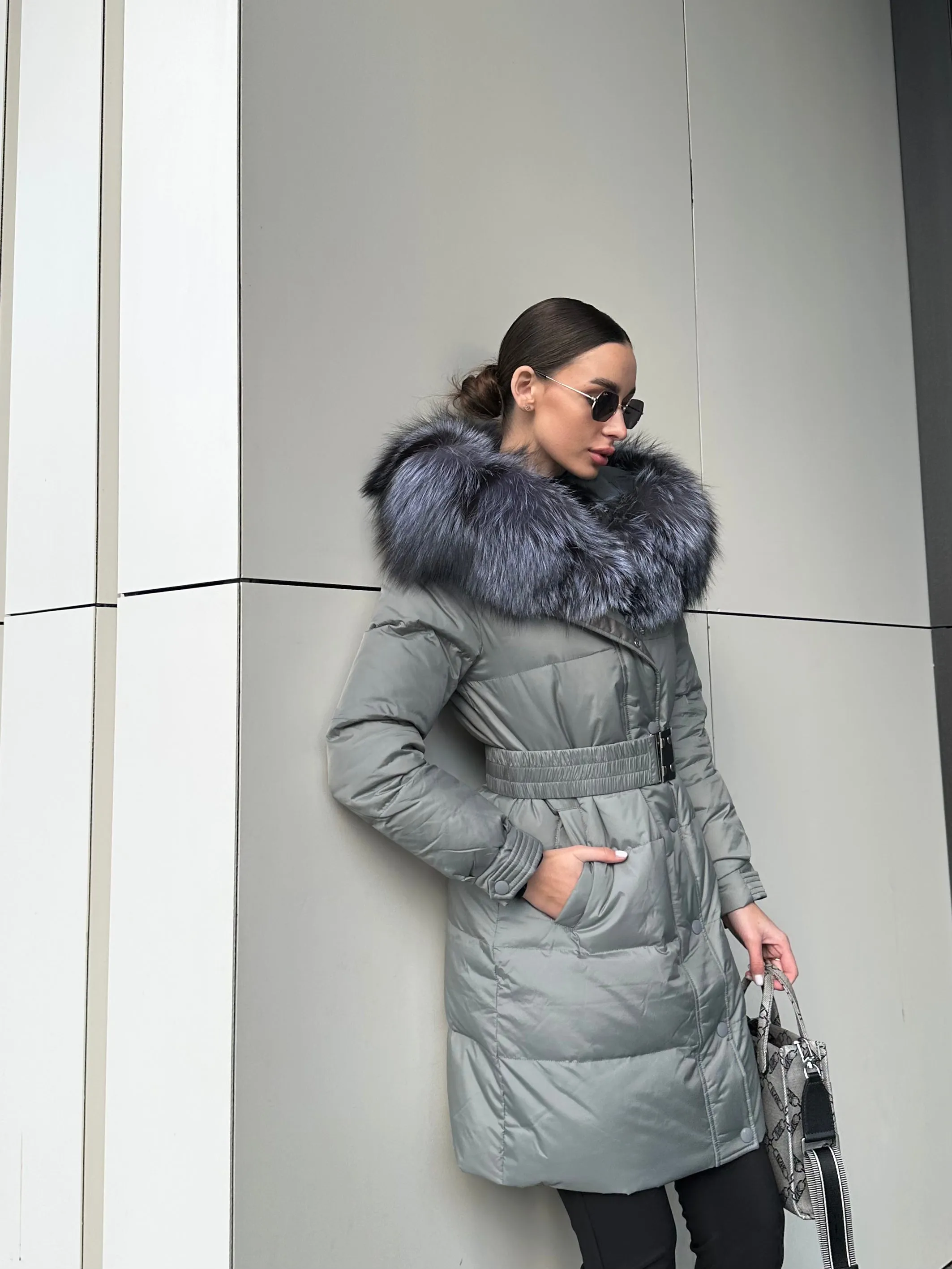 Genuine Silver Fox Down Belted Puffer Parka