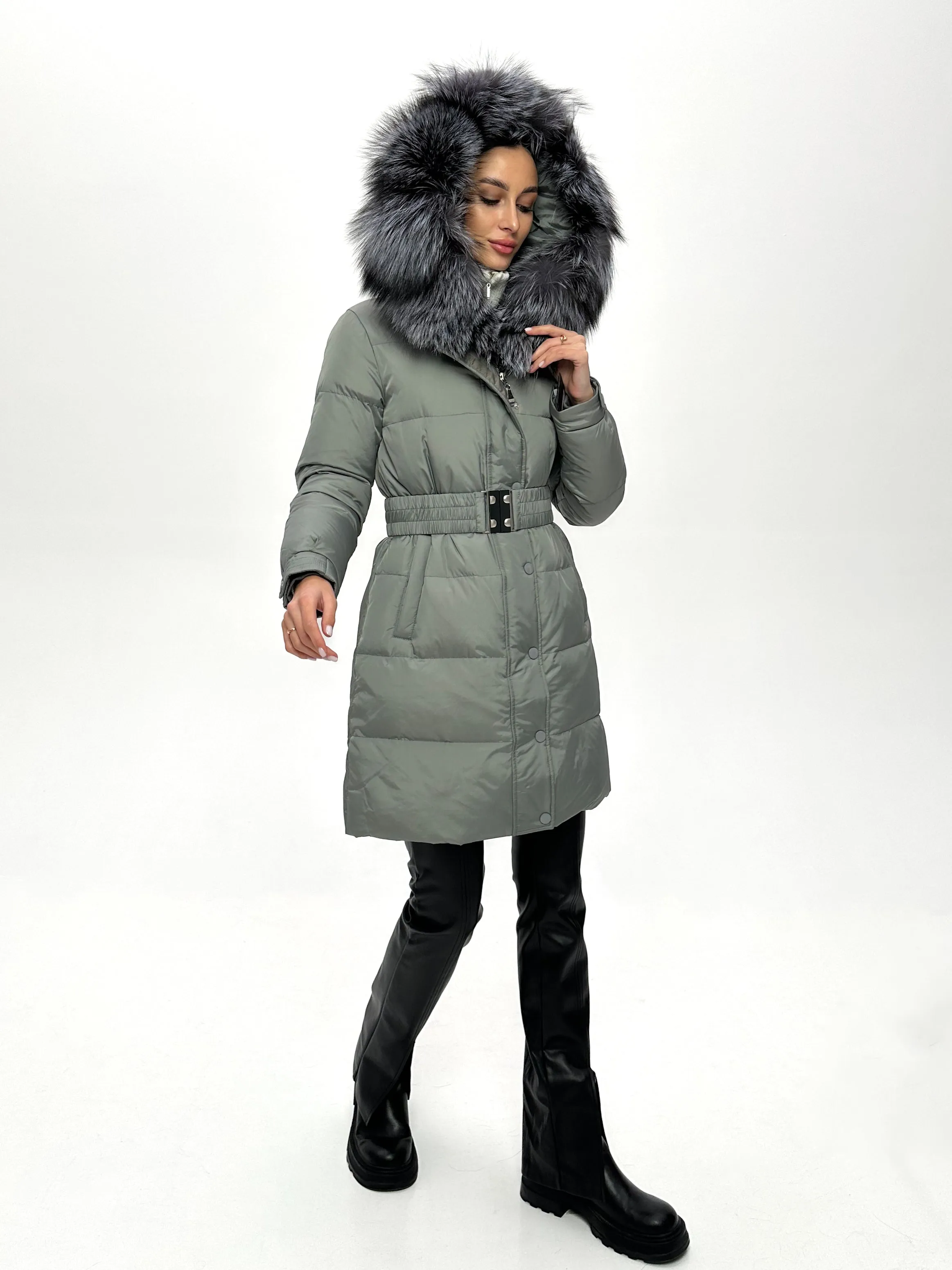 Genuine Silver Fox Down Belted Puffer Parka