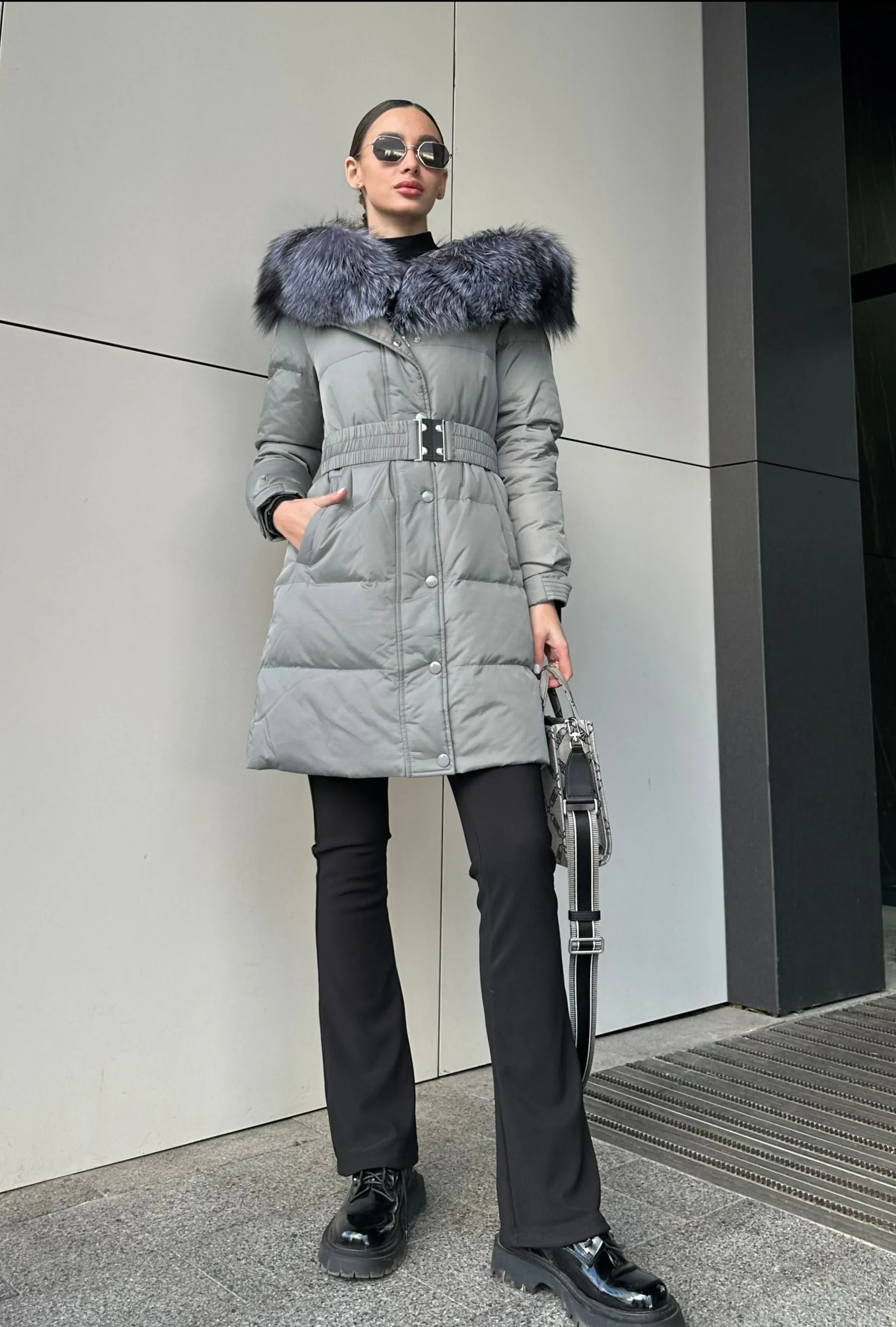 Genuine Silver Fox Down Belted Puffer Parka