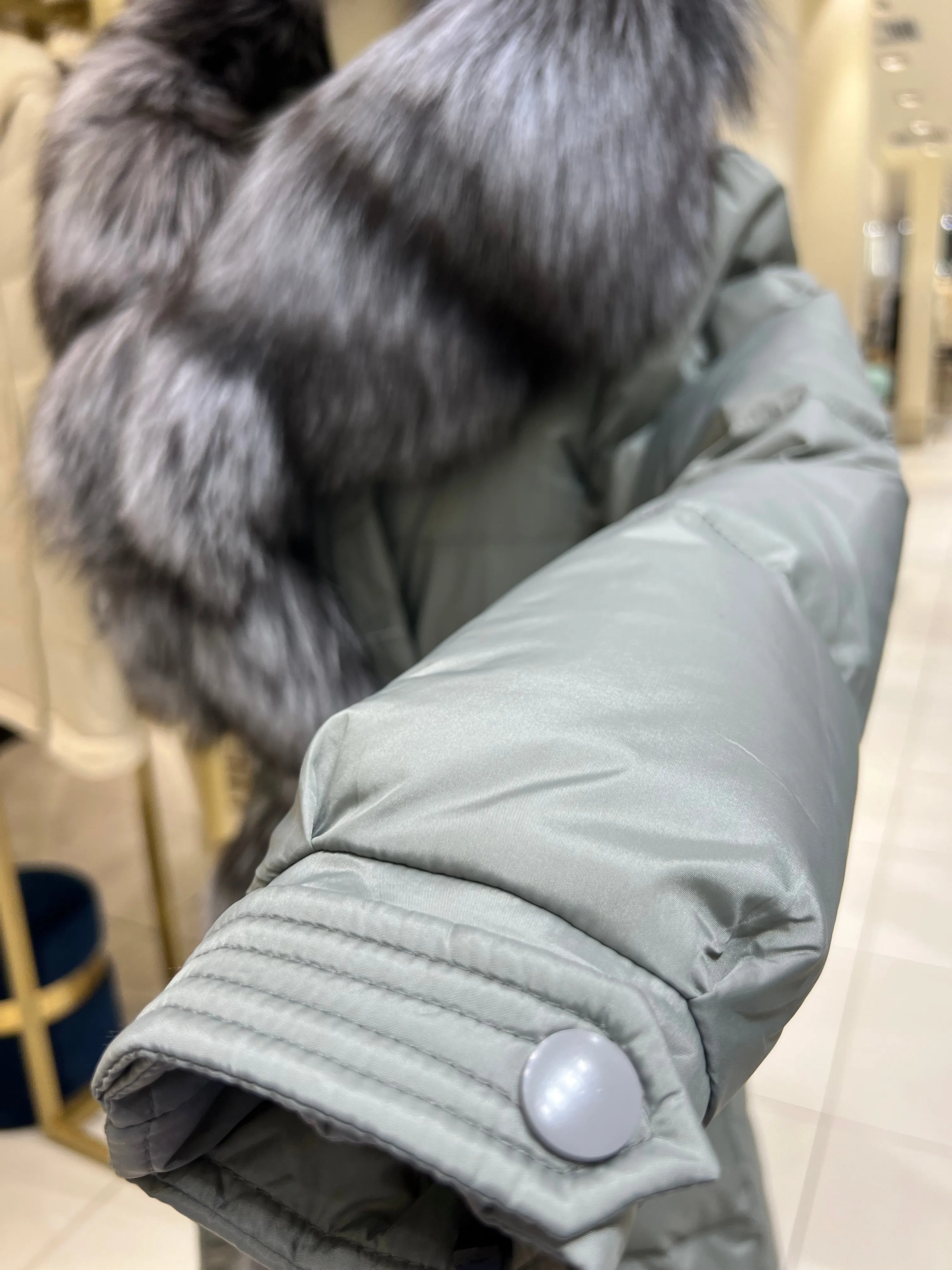 Genuine Silver Fox Down Belted Puffer Parka