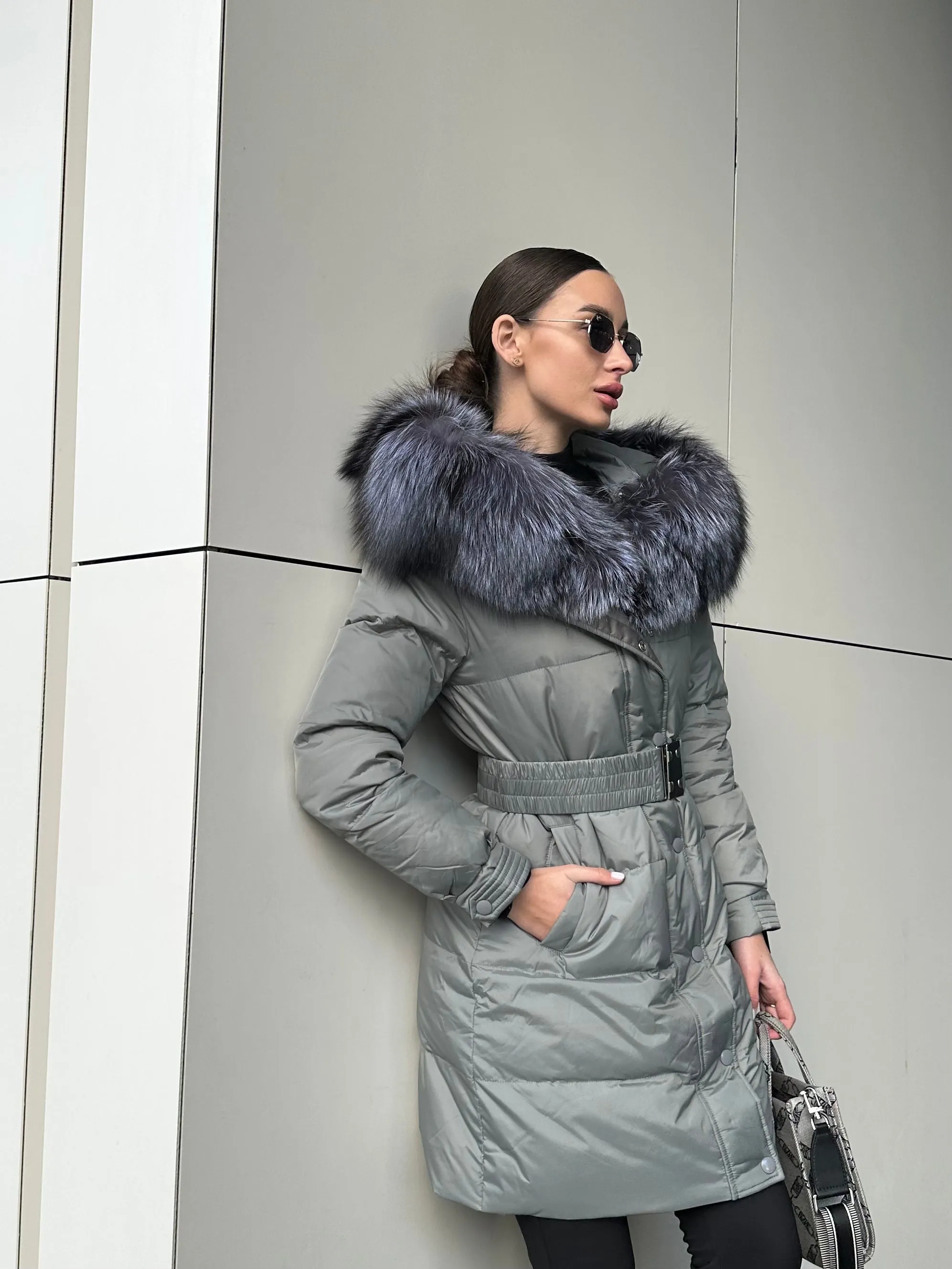 Genuine Silver Fox Down Belted Puffer Parka