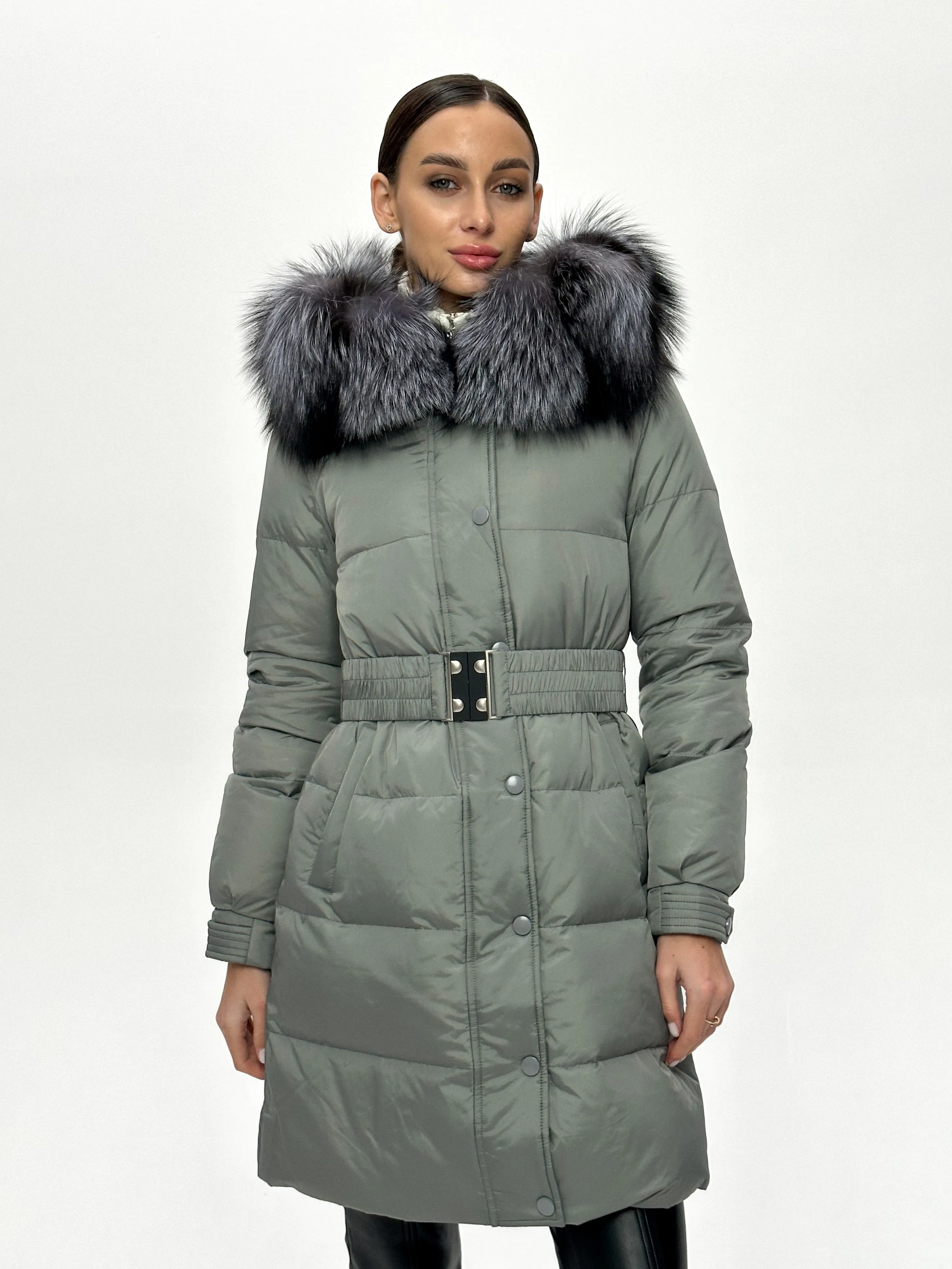 Genuine Silver Fox Down Belted Puffer Parka