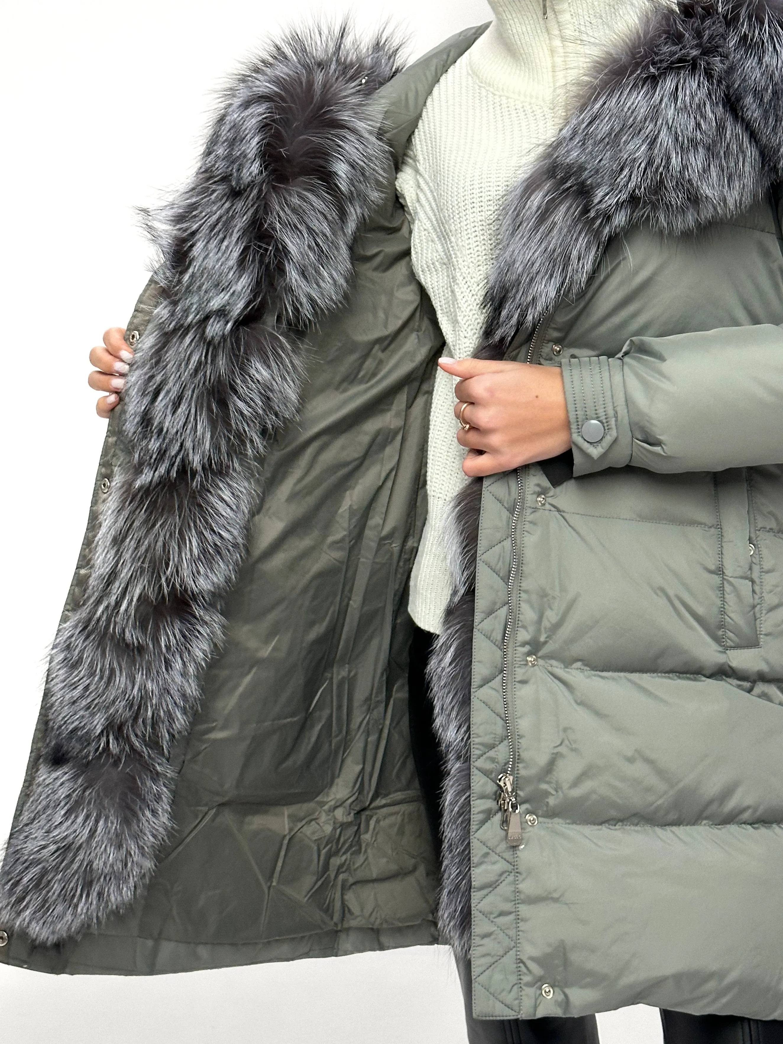 Genuine Silver Fox Down Belted Puffer Parka