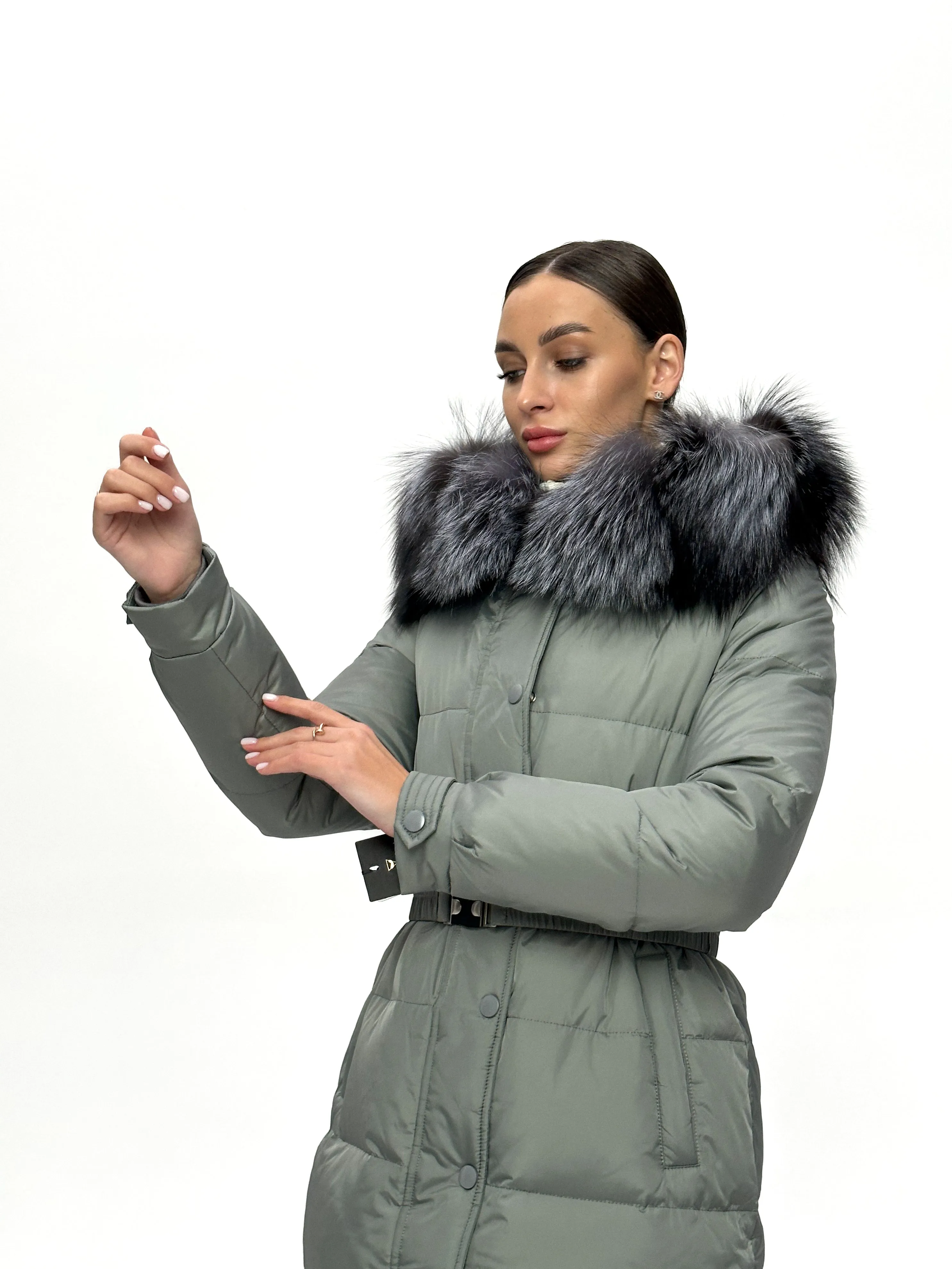 Genuine Silver Fox Down Belted Puffer Parka