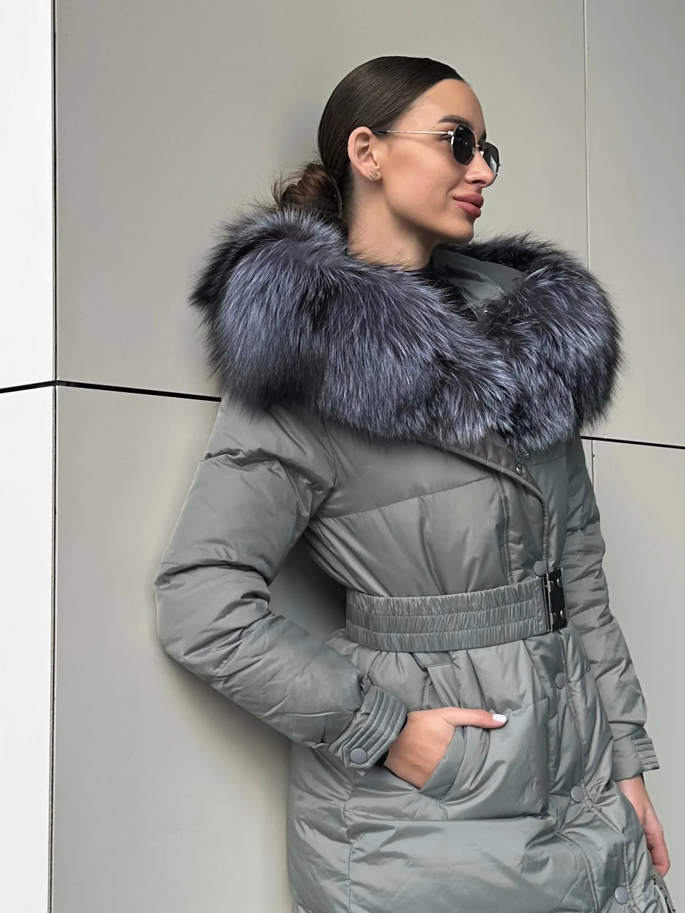 Genuine Silver Fox Down Belted Puffer Parka