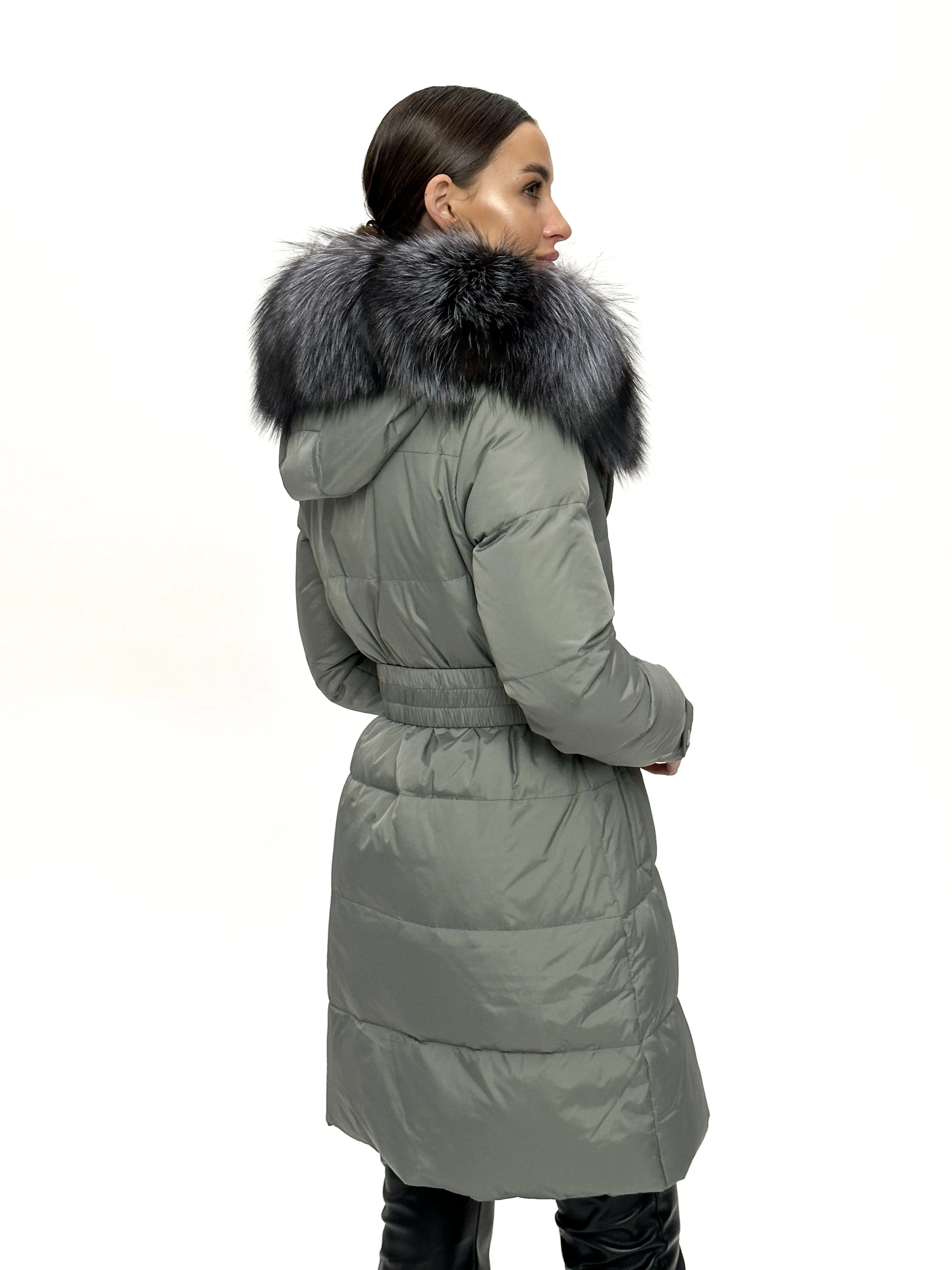 Genuine Silver Fox Down Belted Puffer Parka