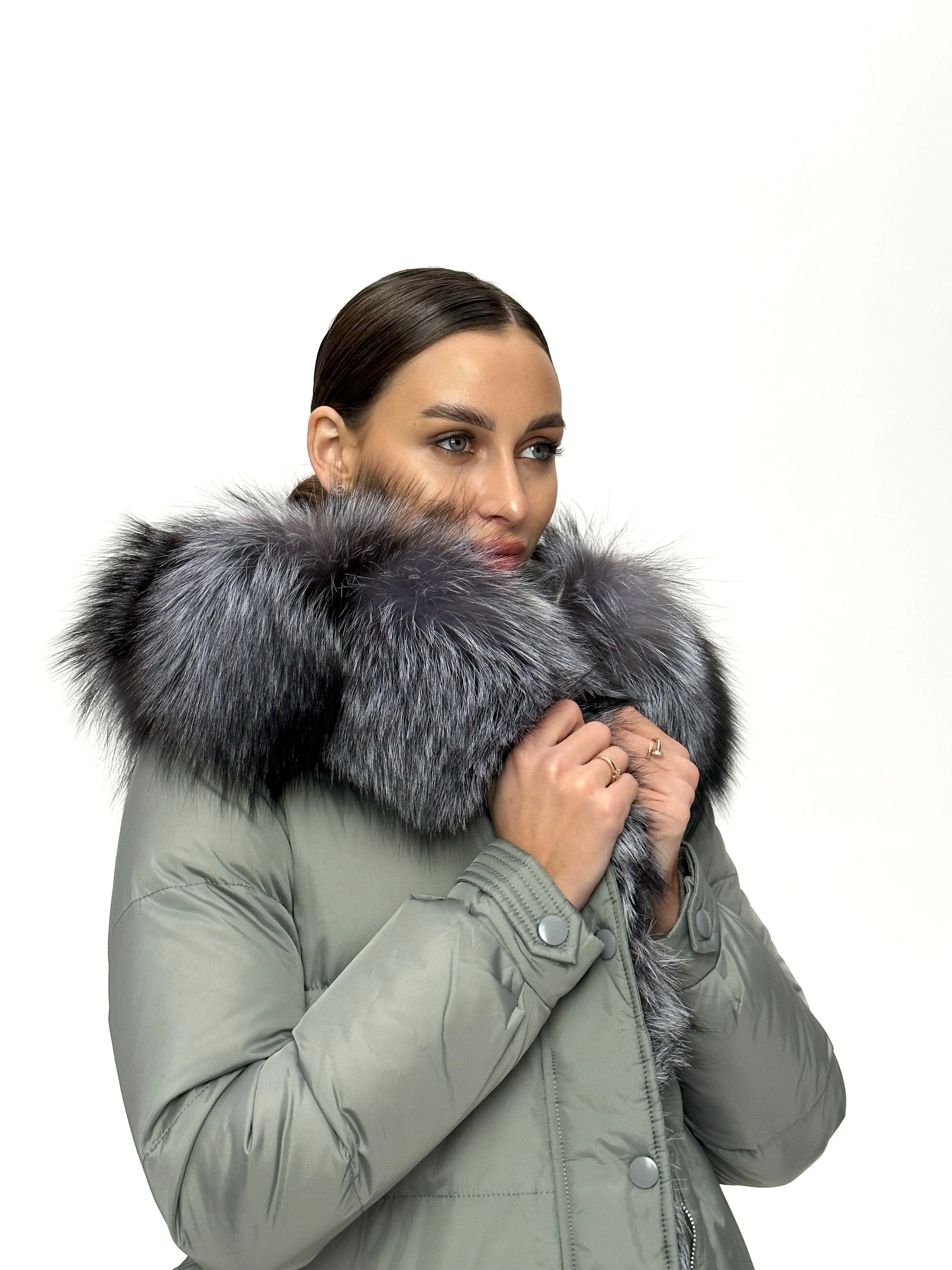 Genuine Silver Fox Down Belted Puffer Parka