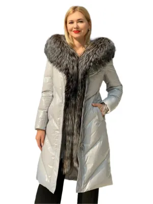 Genuine Silver Fox Fur Belted Parka Coat