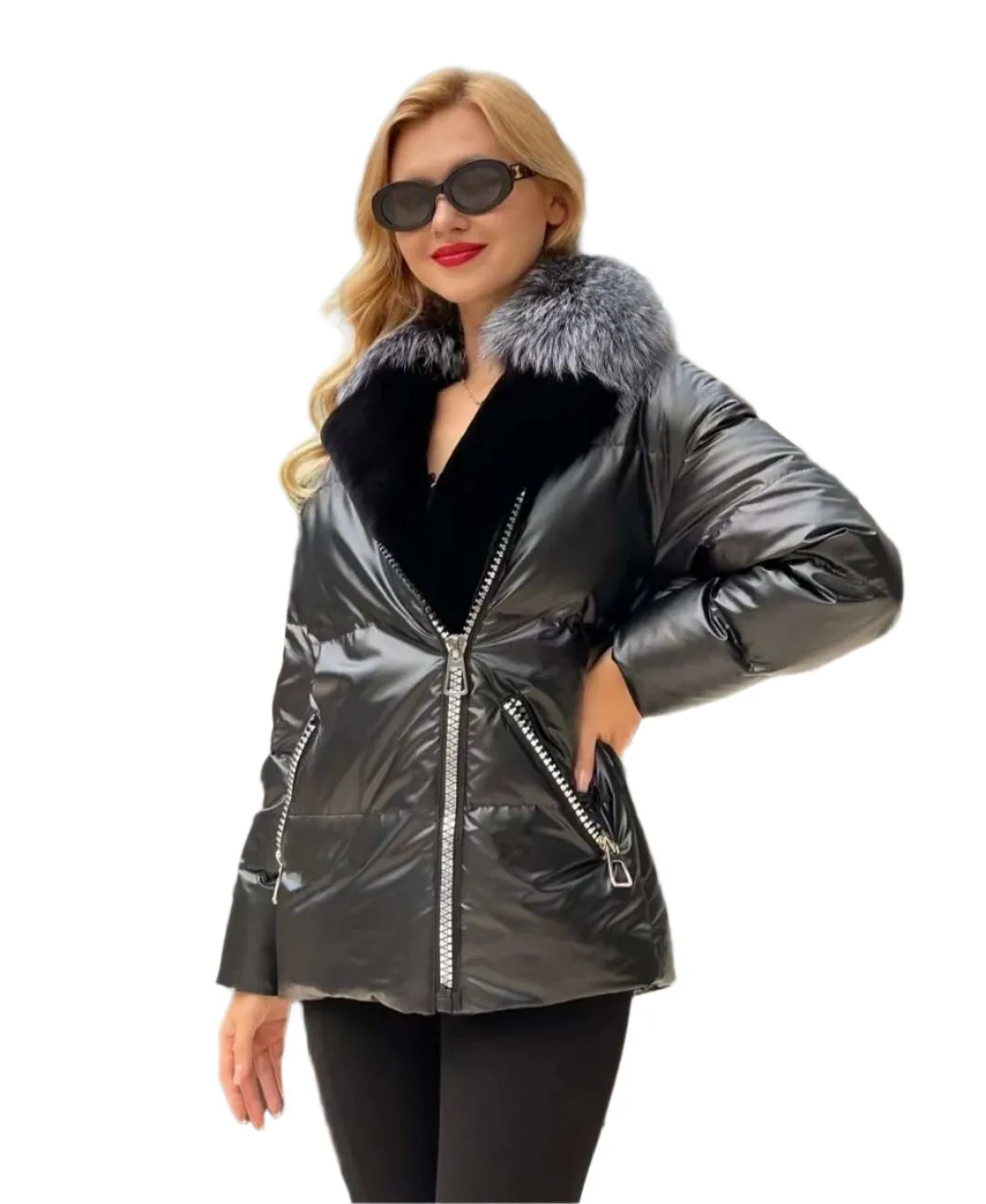 Genuine Silver Fox Fur Down Fill Water-Repellent Coat