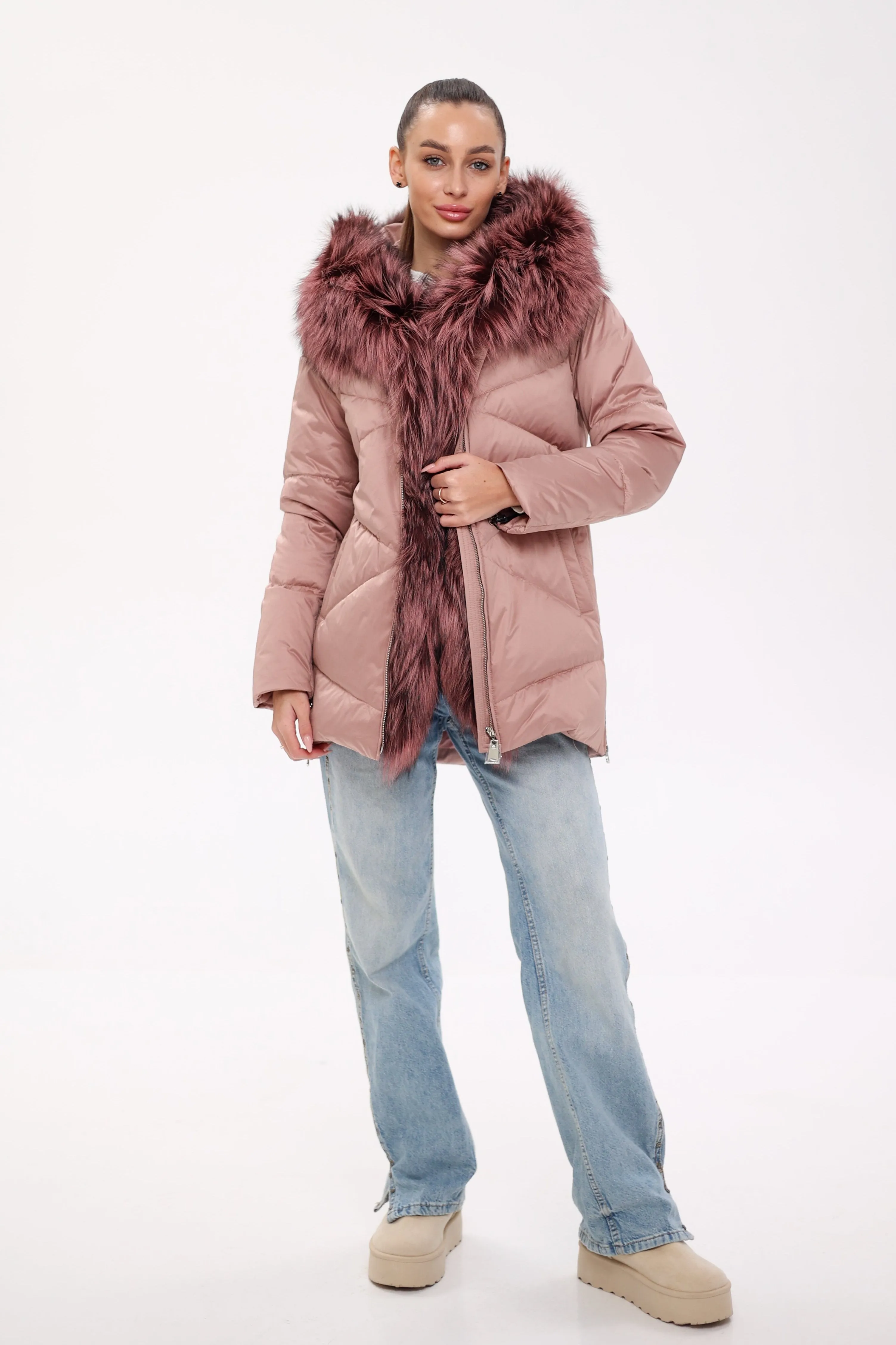 Genuine Silver Fox Fur Trim Down Insulated Parka