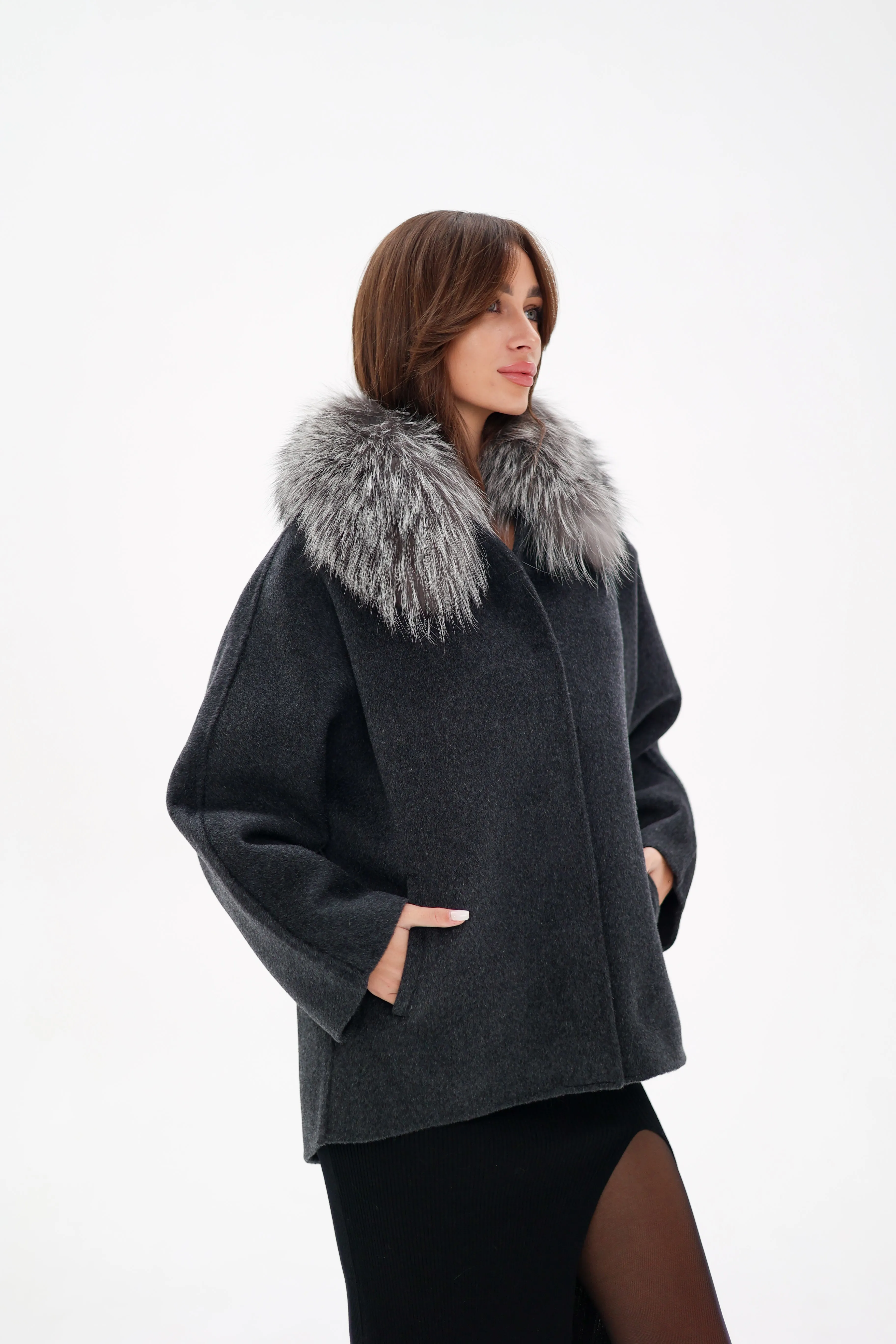 Genuine Silver Fox Fur Virgin Wool Coat