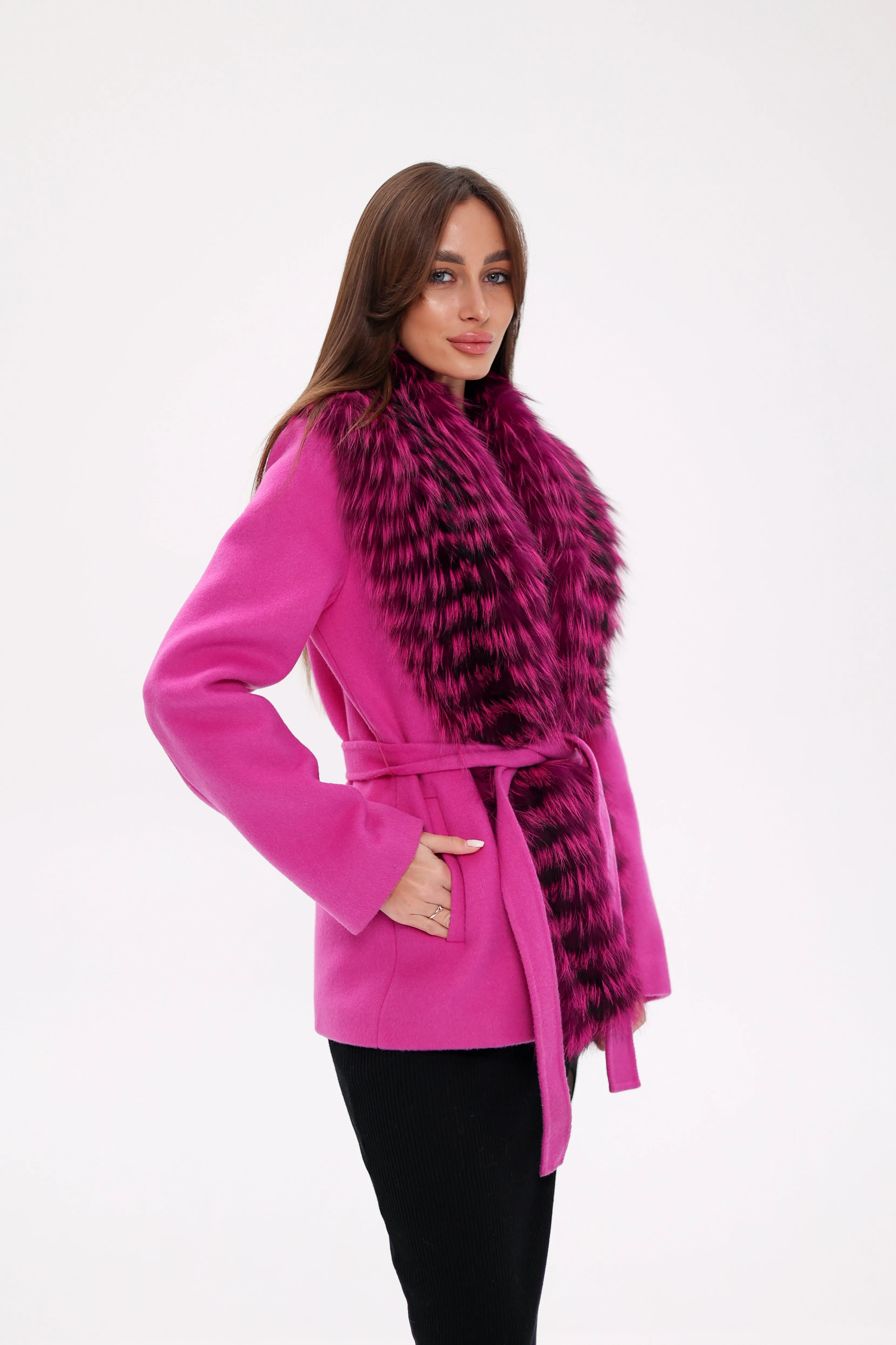 Genuine Silver Fox Fur Virgin Wool Coat