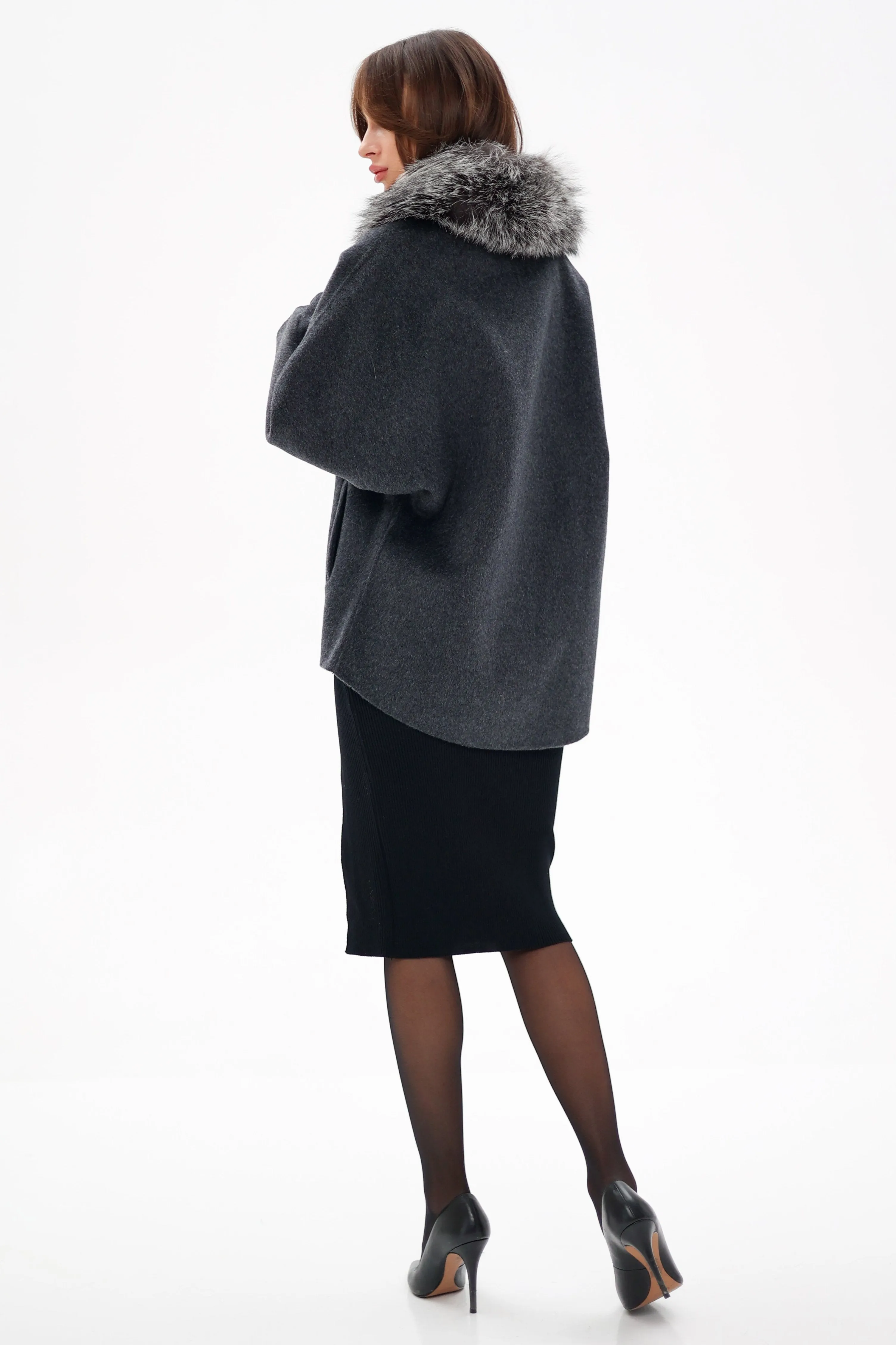 Genuine Silver Fox Fur Virgin Wool Coat