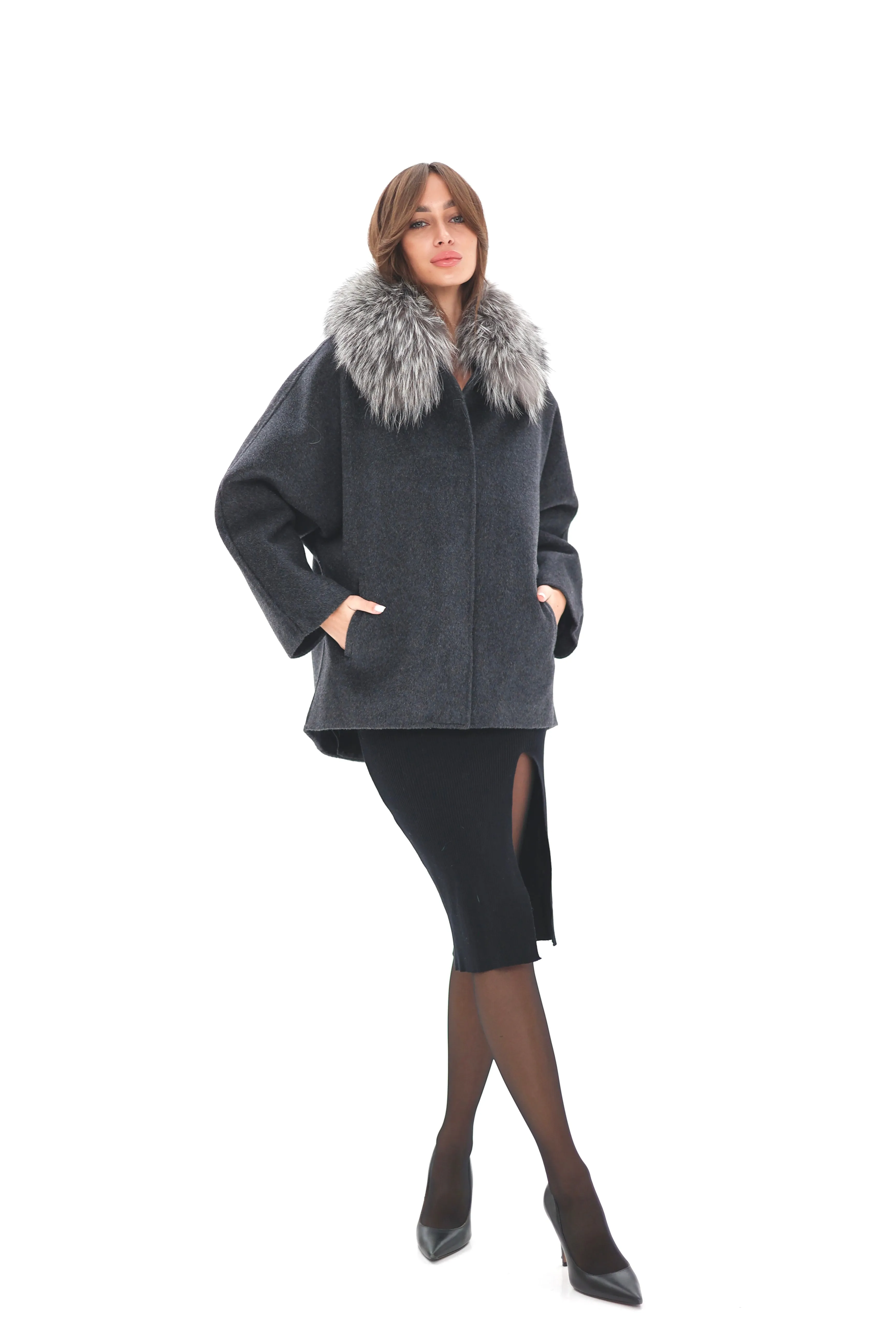 Genuine Silver Fox Fur Virgin Wool Coat