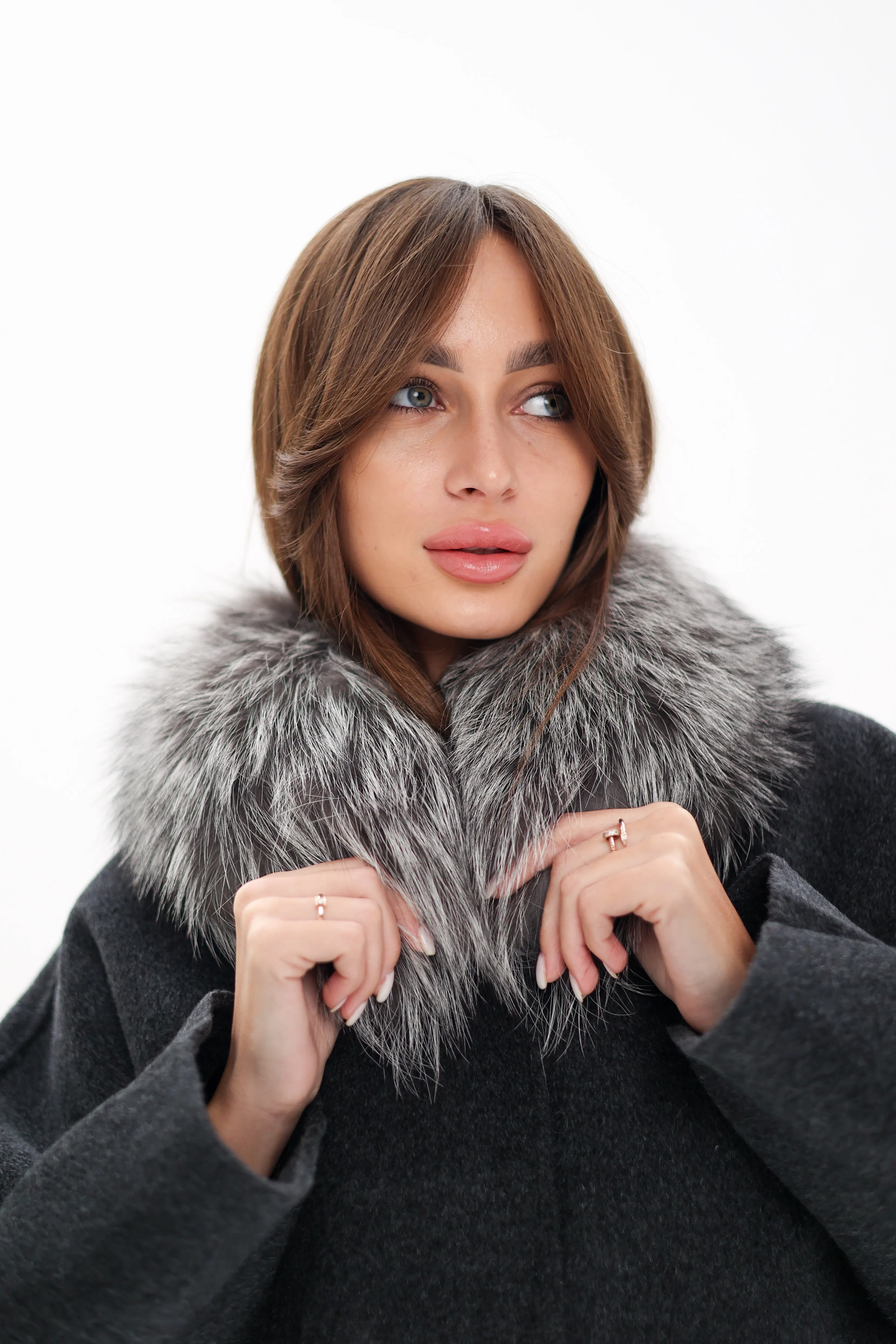 Genuine Silver Fox Fur Virgin Wool Coat