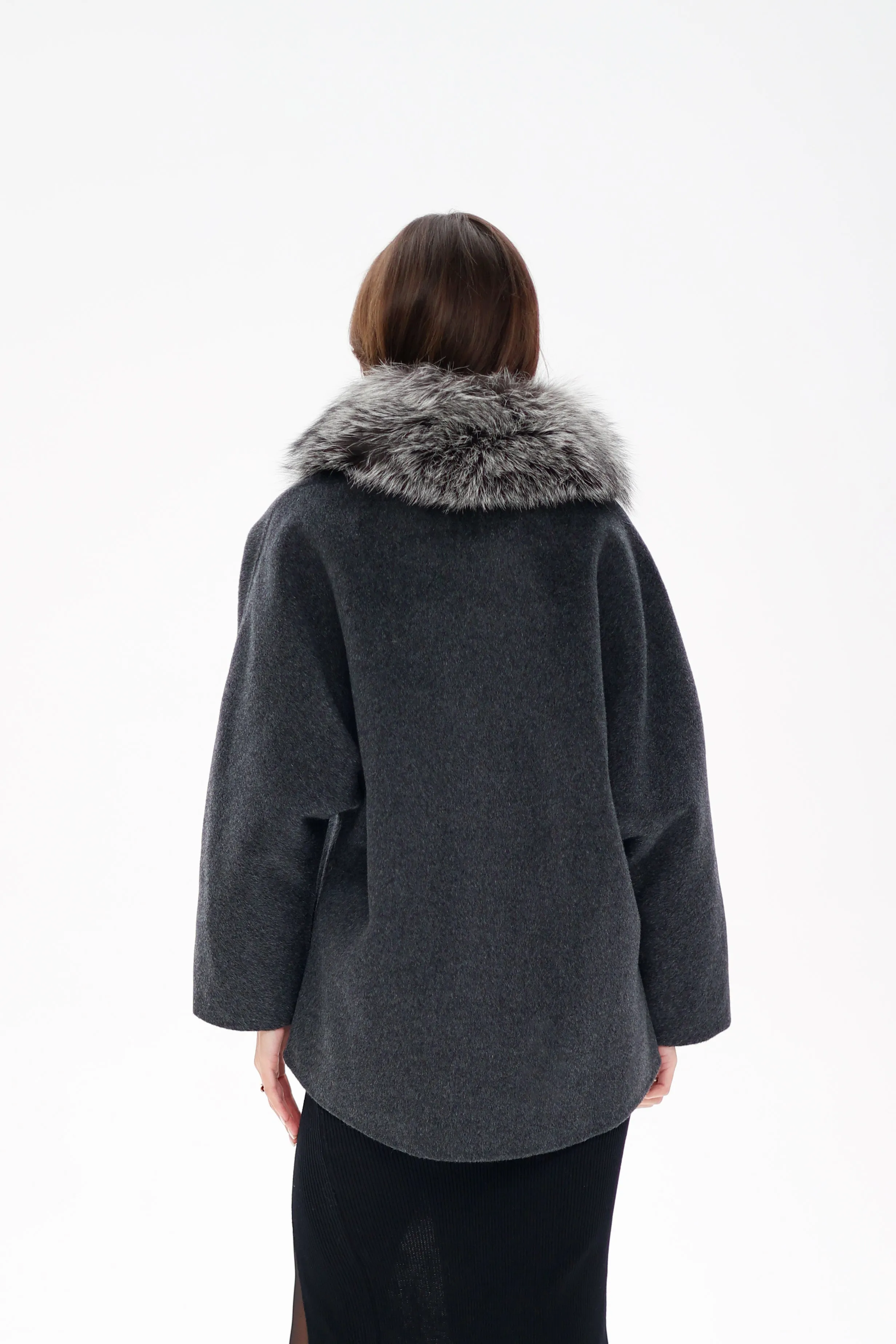 Genuine Silver Fox Fur Virgin Wool Coat