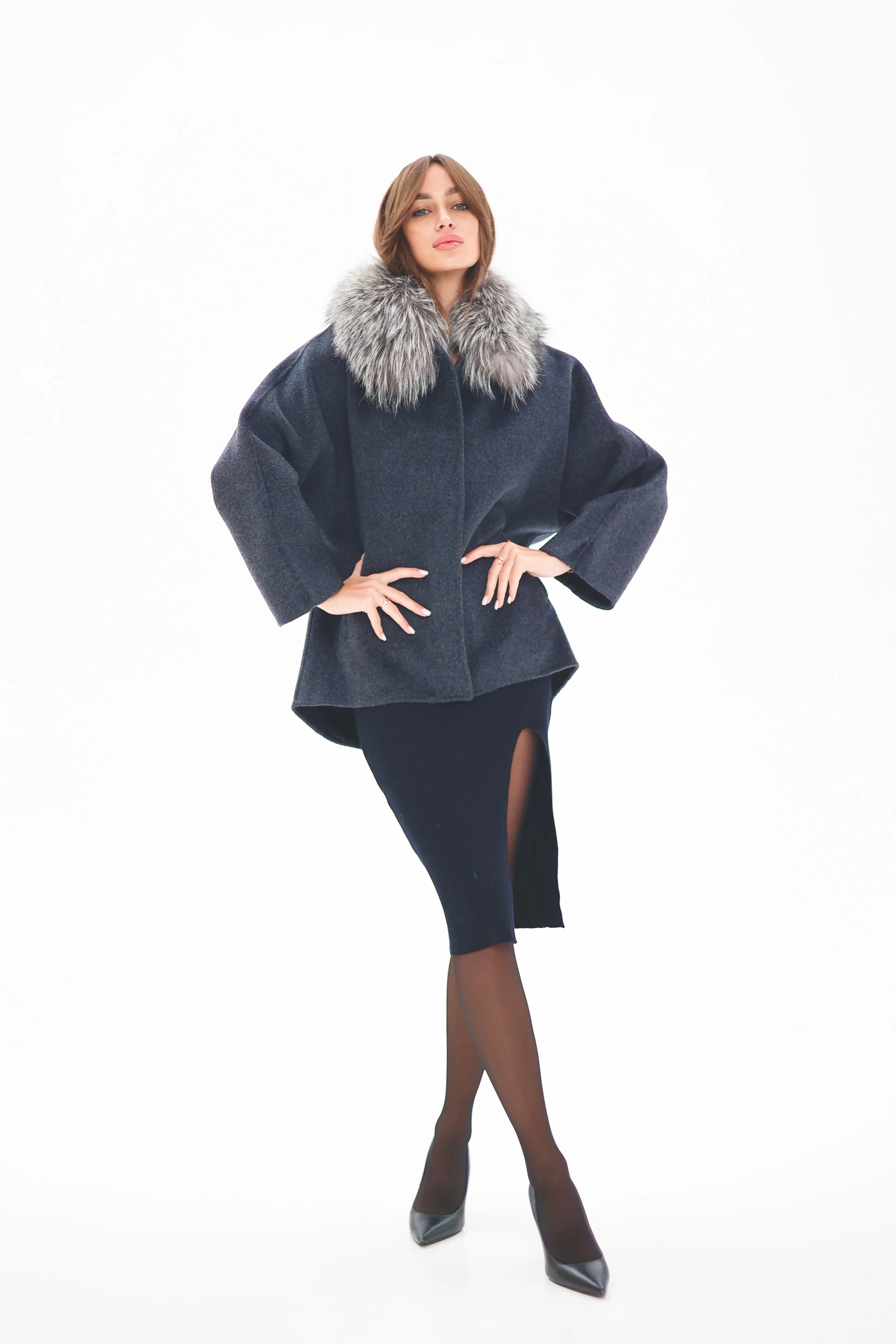 Genuine Silver Fox Fur Virgin Wool Coat