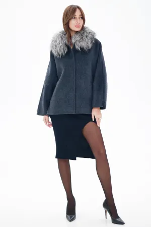 Genuine Silver Fox Fur Virgin Wool Coat