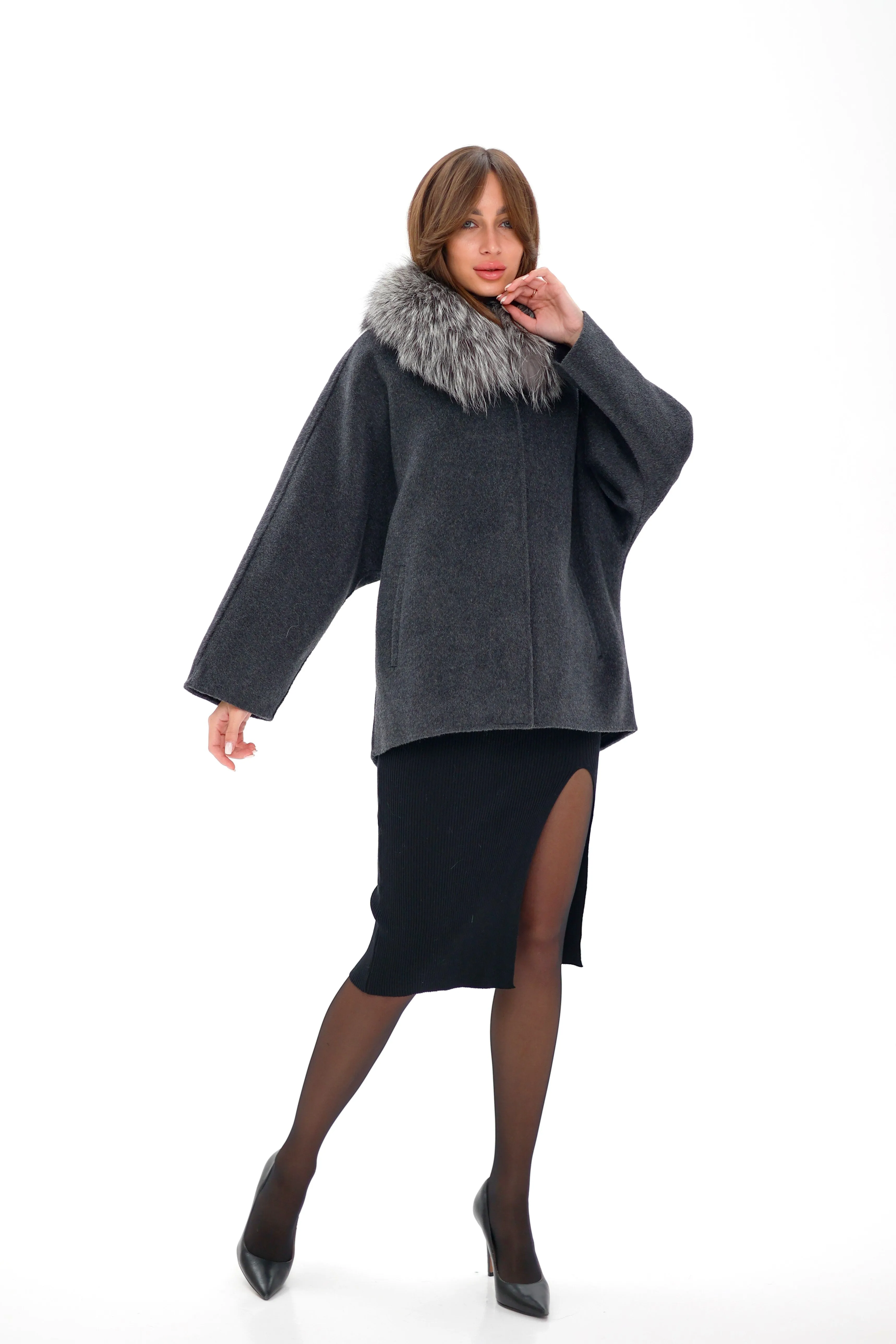 Genuine Silver Fox Fur Virgin Wool Coat