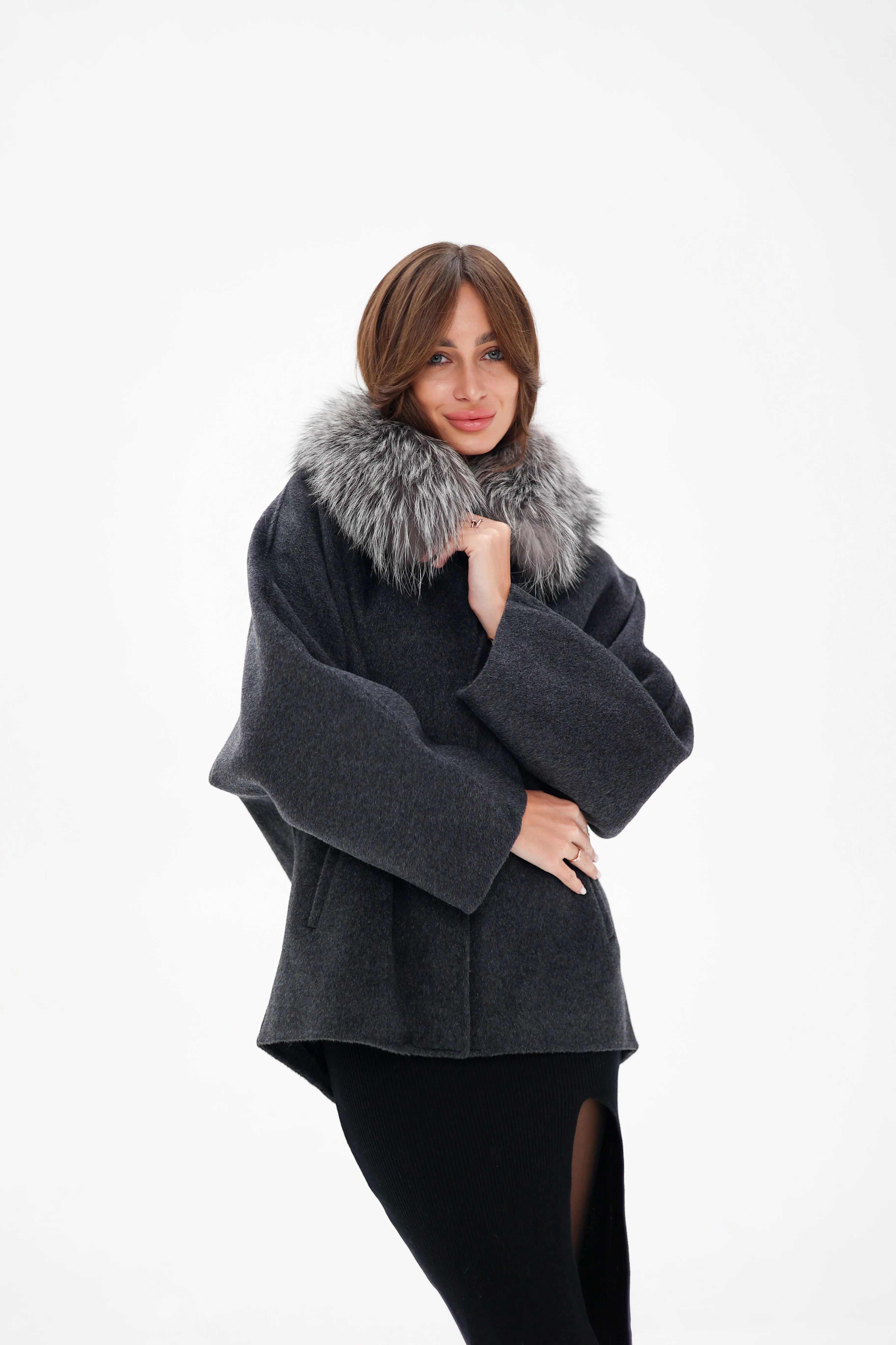 Genuine Silver Fox Fur Virgin Wool Coat