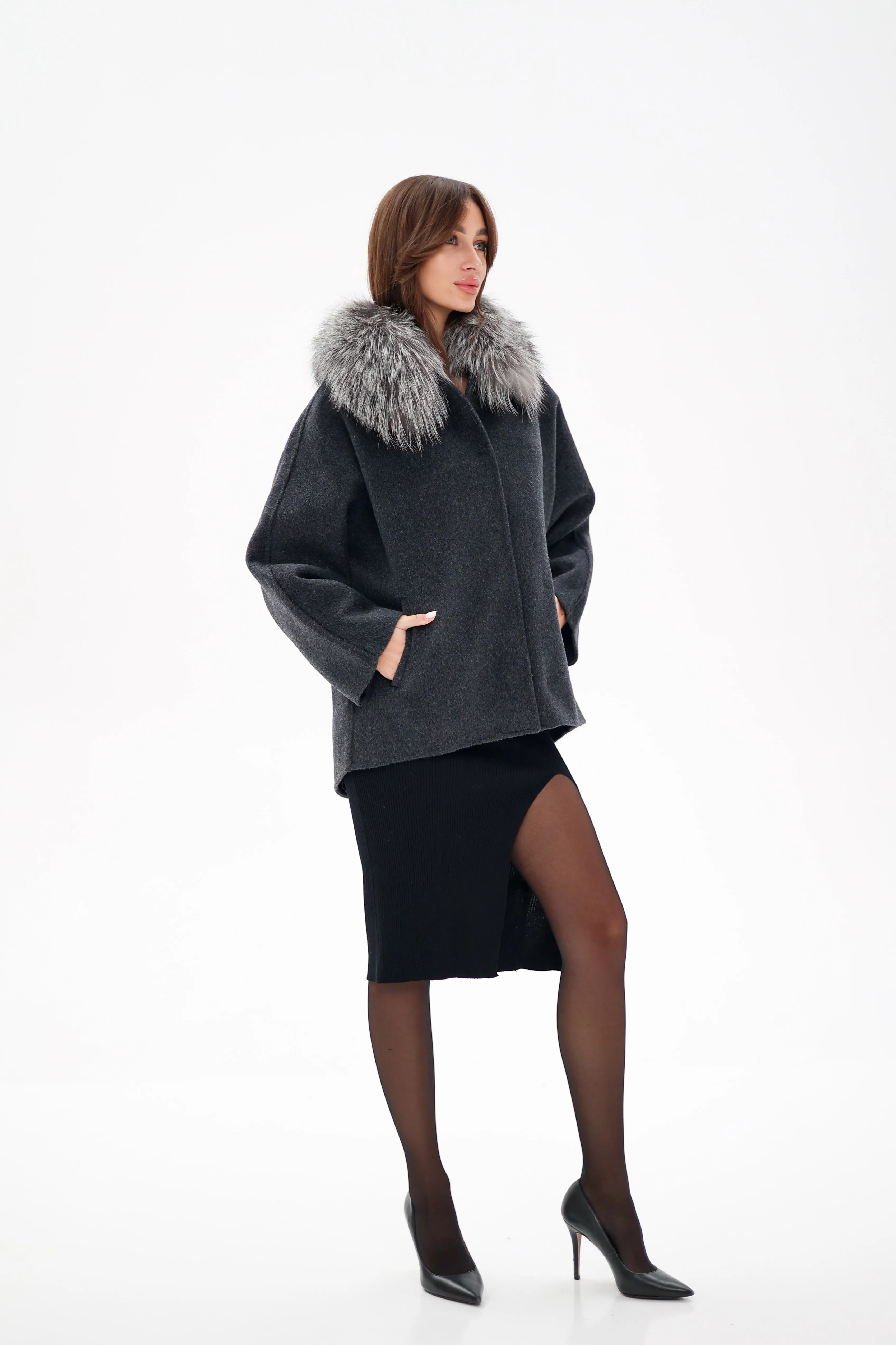 Genuine Silver Fox Fur Virgin Wool Coat