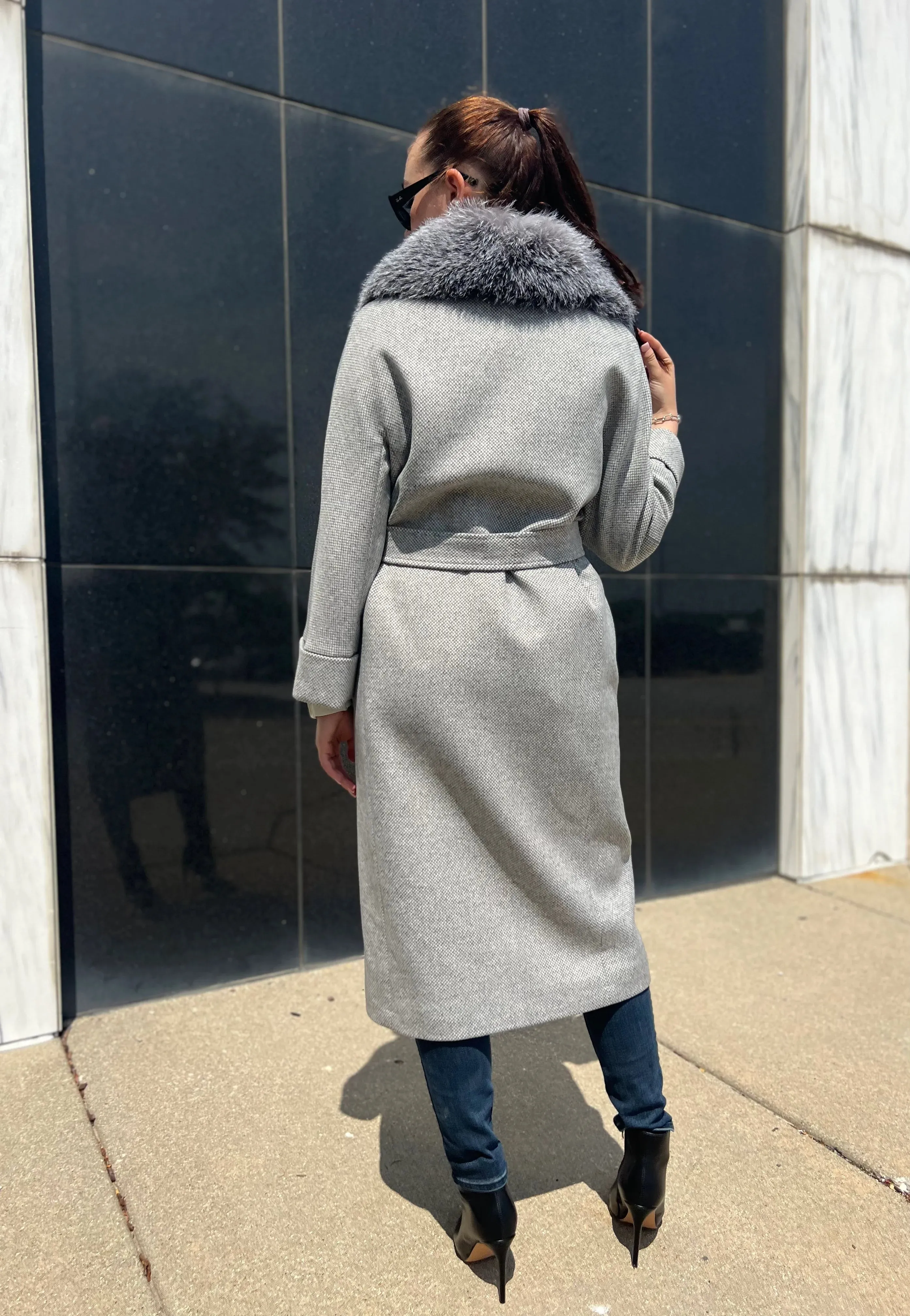 Genuine Silver Fox Tailored Cashmere-Wool Coat