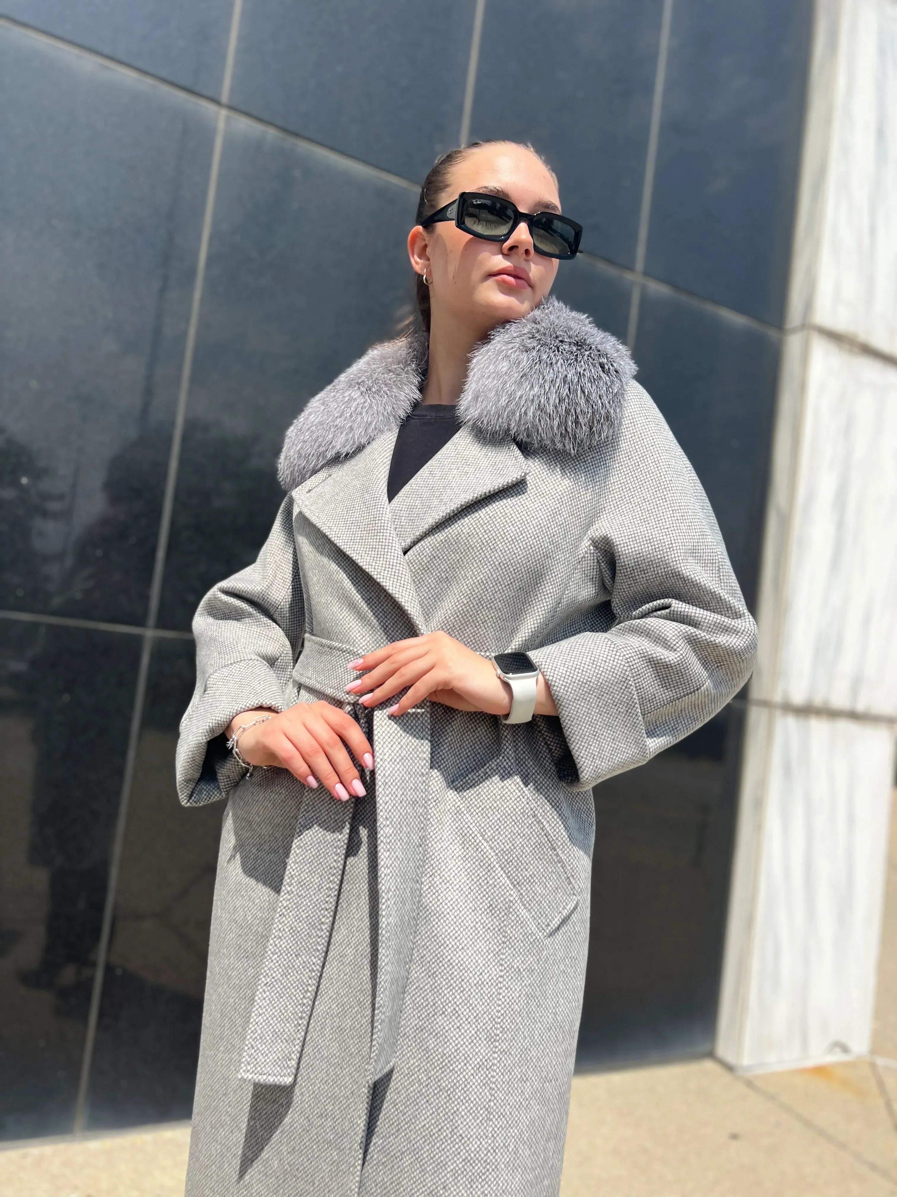 Genuine Silver Fox Tailored Cashmere-Wool Coat