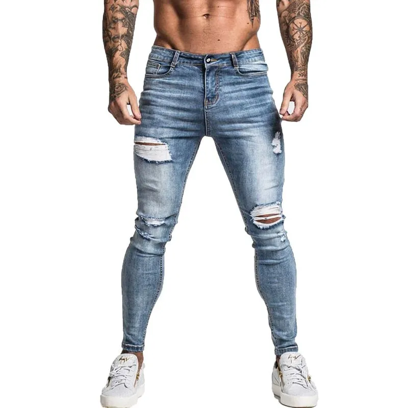 Gingtto Men Jeans Skinny Stretch Repaired Jeans Light Blue Hip Hop Distressed Super Skinny Slim Fit Cotton Comfortable Big Size