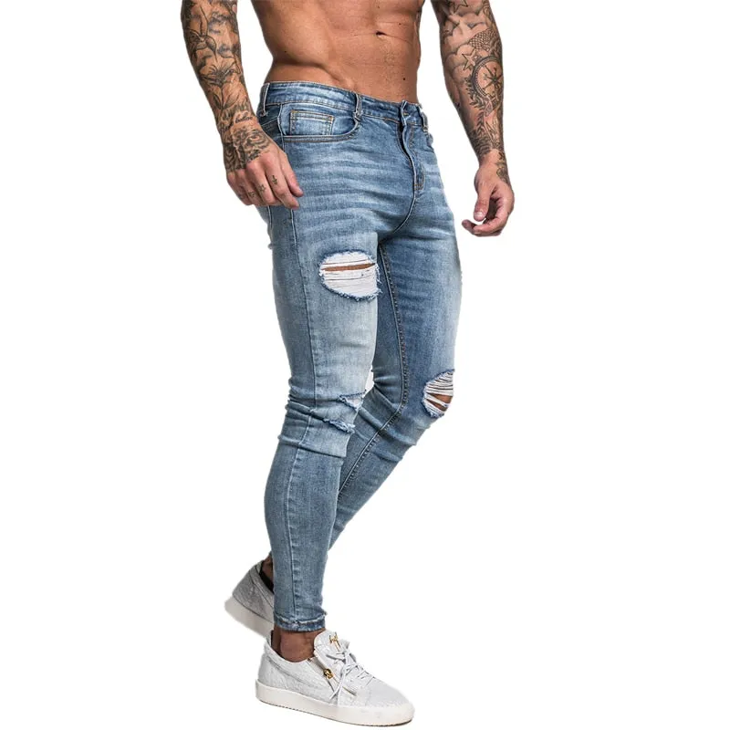 Gingtto Men Jeans Skinny Stretch Repaired Jeans Light Blue Hip Hop Distressed Super Skinny Slim Fit Cotton Comfortable Big Size