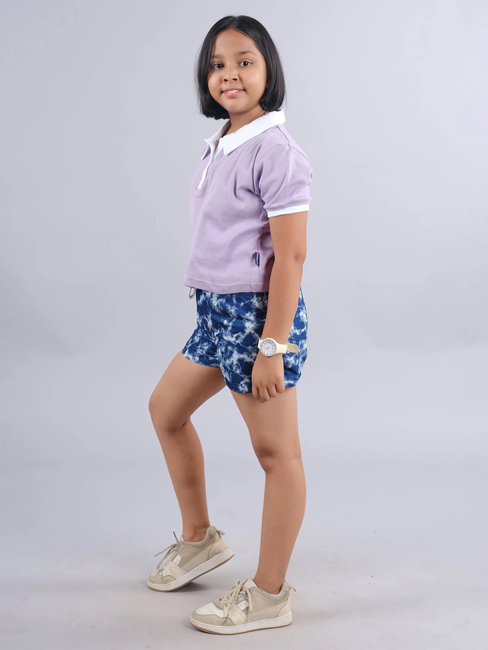 Girls Crop Length Polo Tee & Basic Roll Up Hot Shorts Set