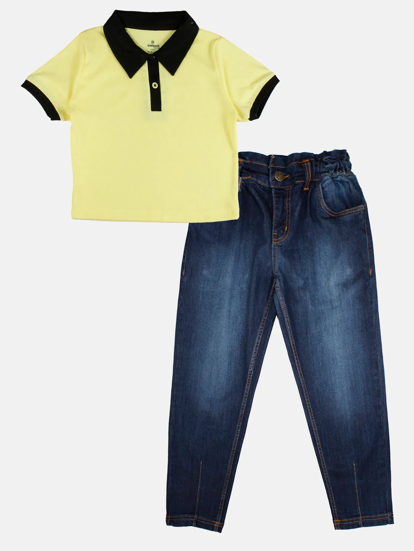 Girls Crop Length Polo tee & Paper Bag Jeans Pant Set