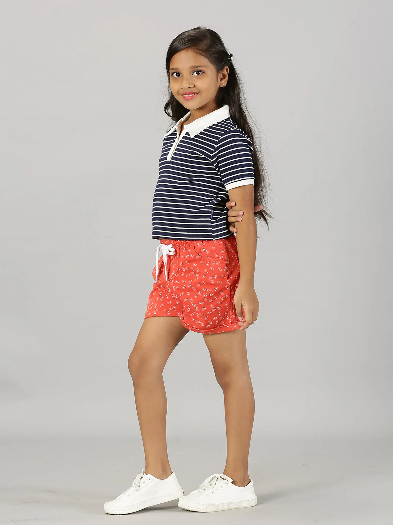 Girls Crop Length Polo Tee & Rollup Hot Shorts Set