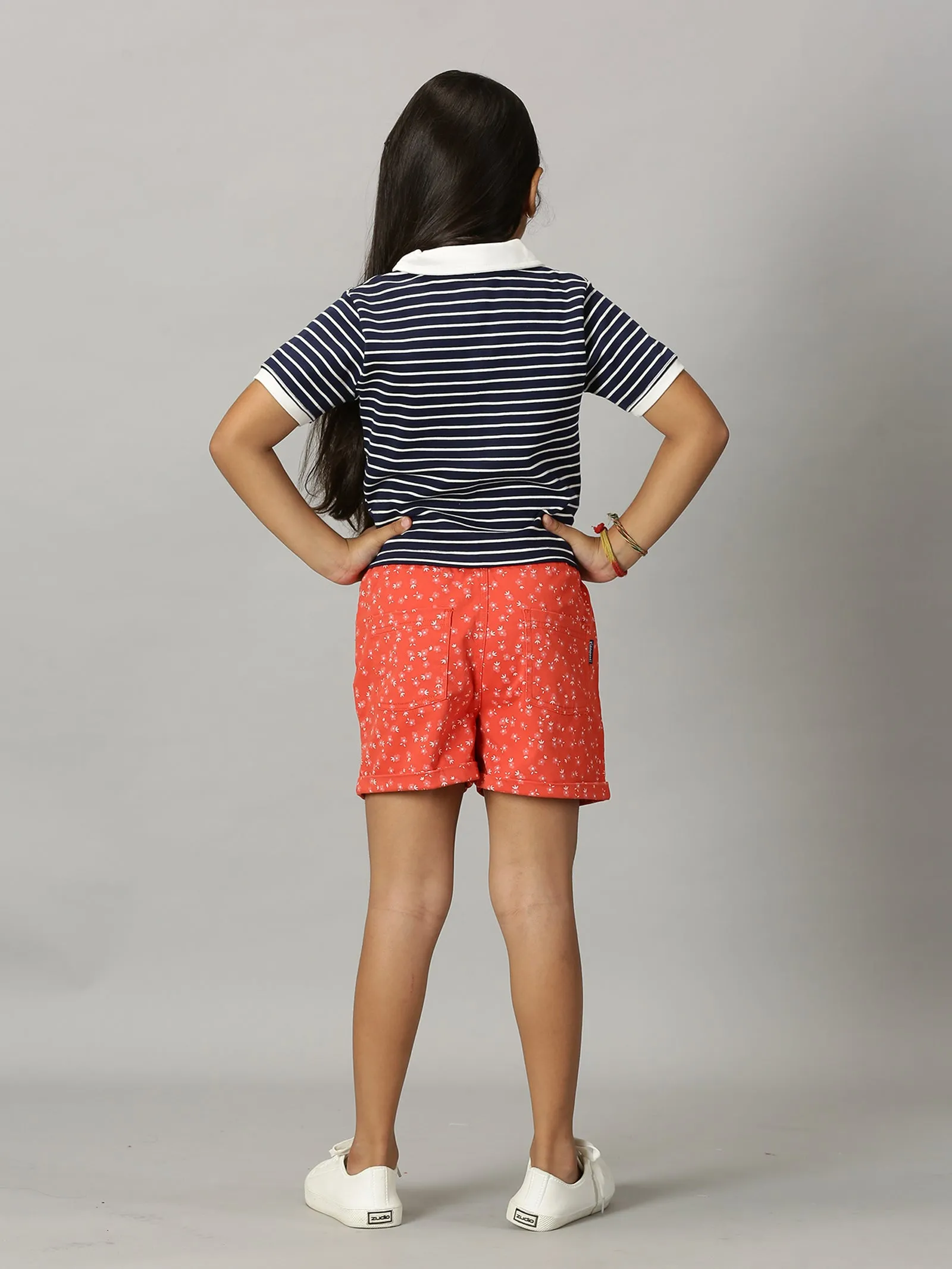 Girls Crop Length Polo Tee & Rollup Hot Shorts Set