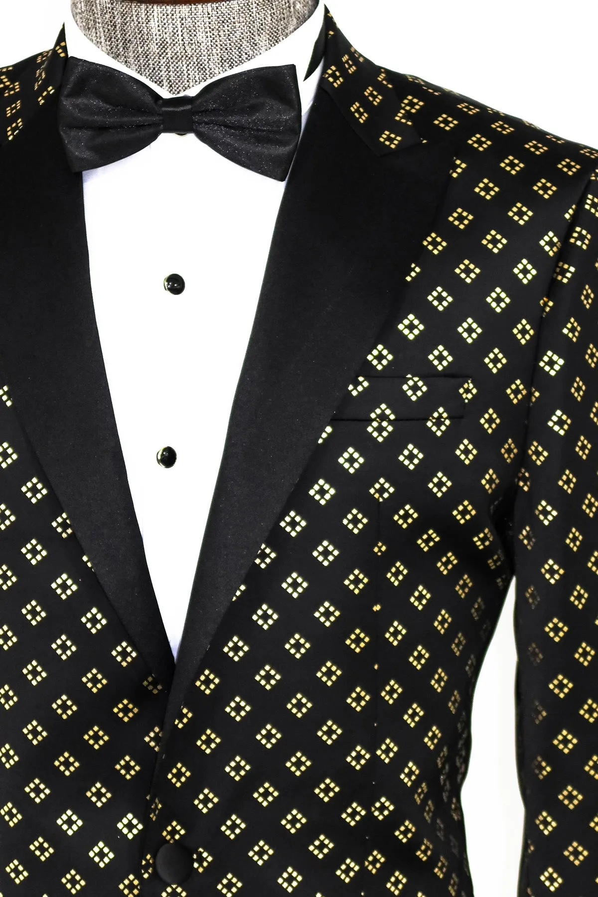 Gold Diamond Pattern Over Black Tuxedo Blazer - Wessi