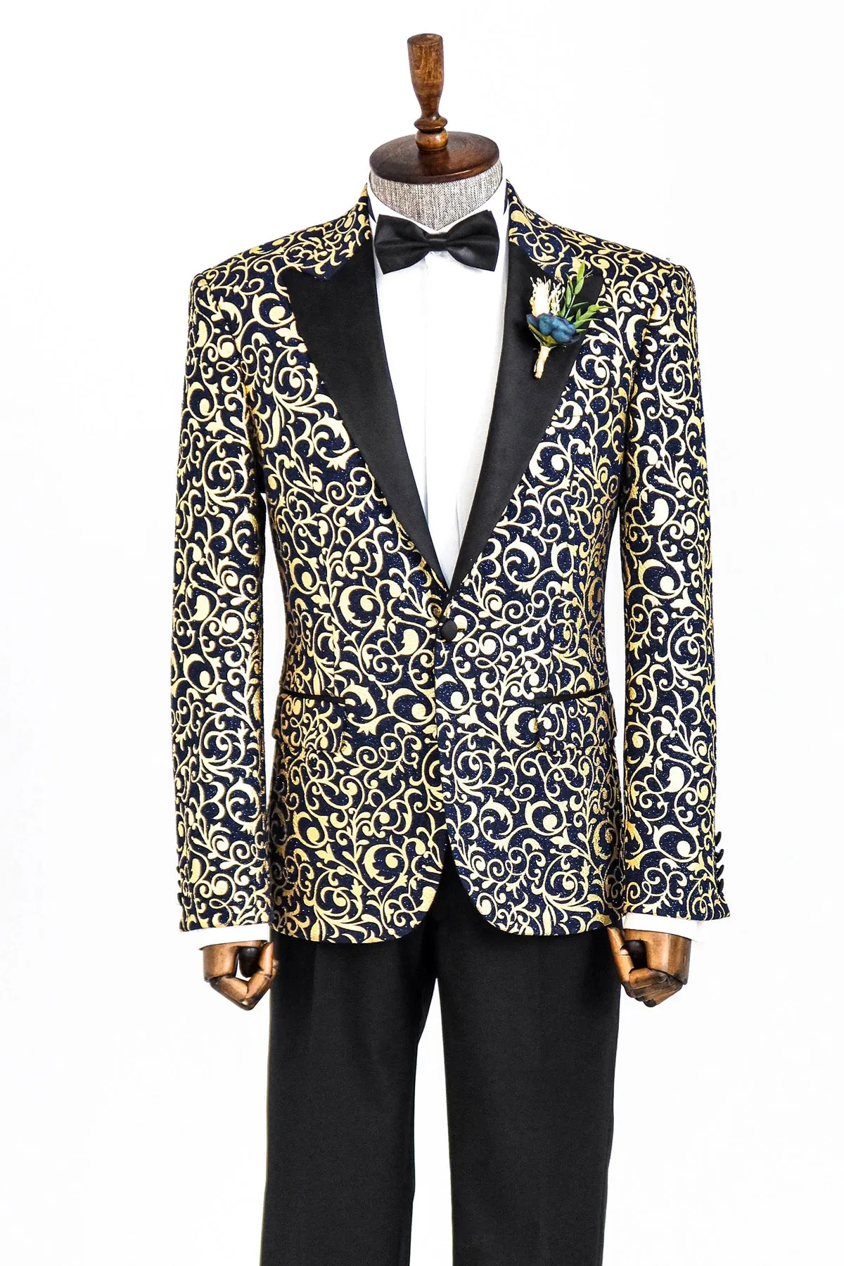 Gold Patterned Over Navy Men Party Blazer - Wessi