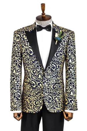 Gold Patterned Over Navy Men Party Blazer - Wessi